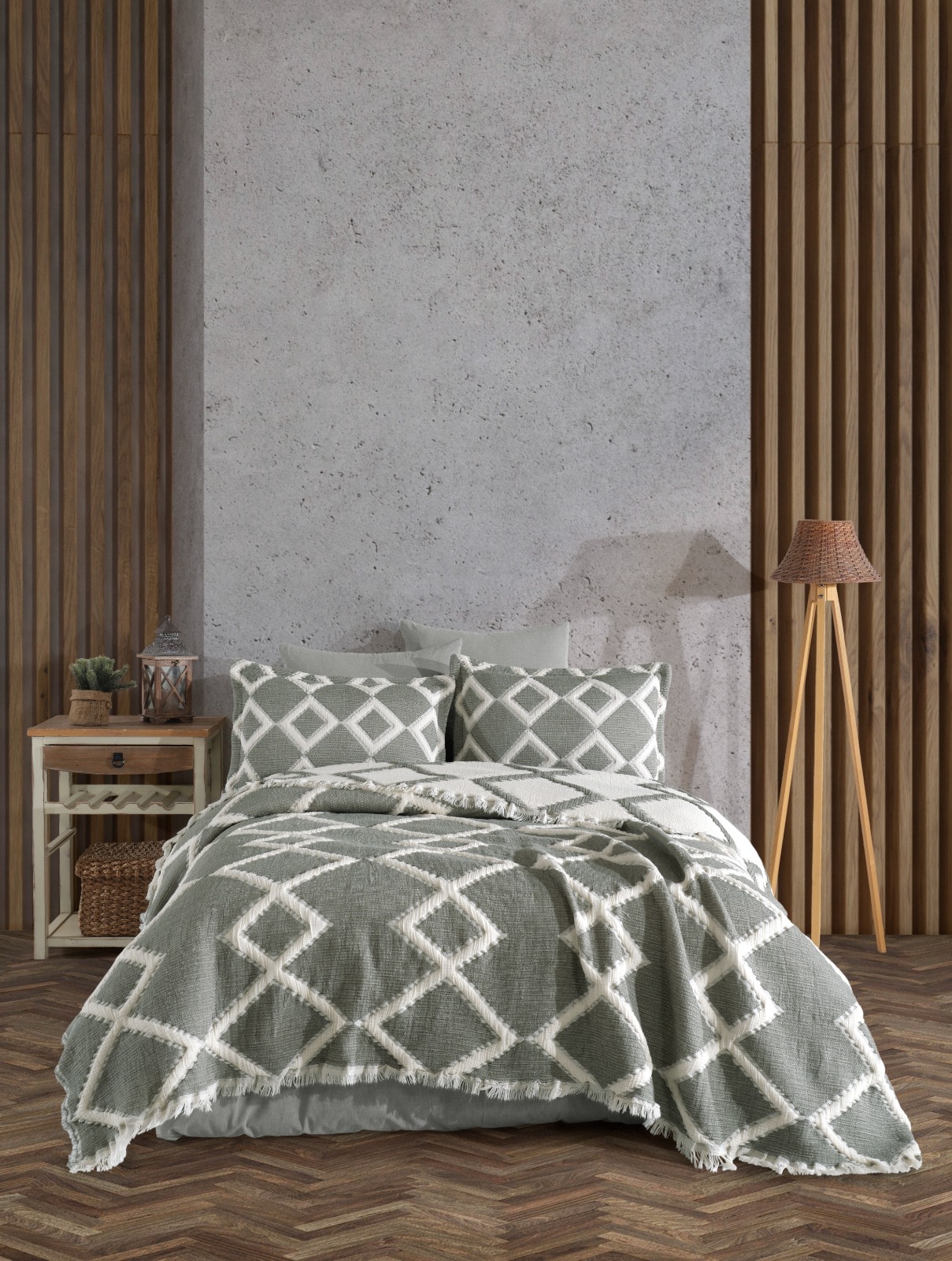 LUXURY SİLİKON DOLGULU KARO MÜSLİN YATAK ÖRTÜSÜ SETİ SU YEŞİLİ