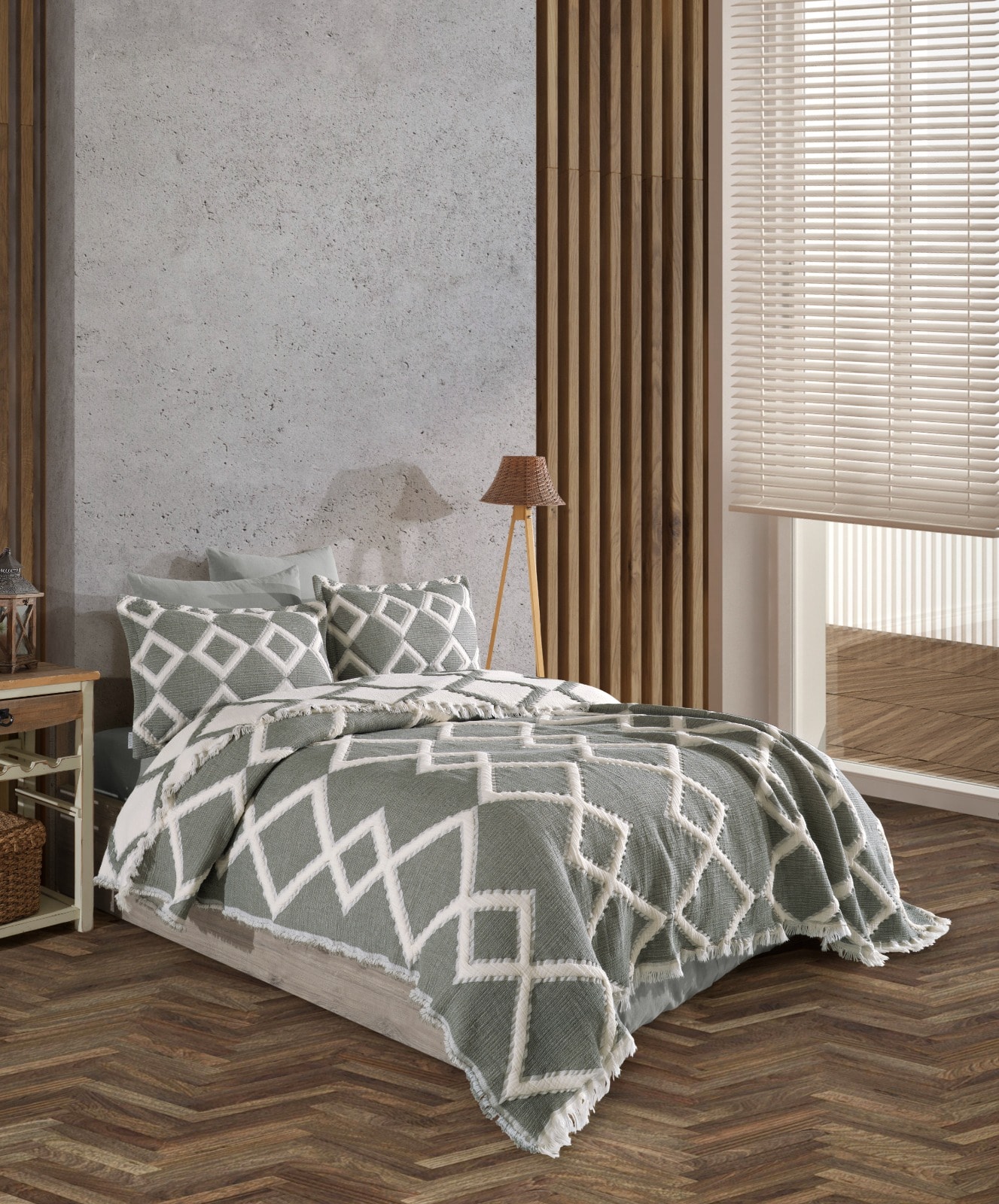 LUXURY SİLİKON DOLGULU KARO MÜSLİN YATAK ÖRTÜSÜ SETİ SU YEŞİLİ