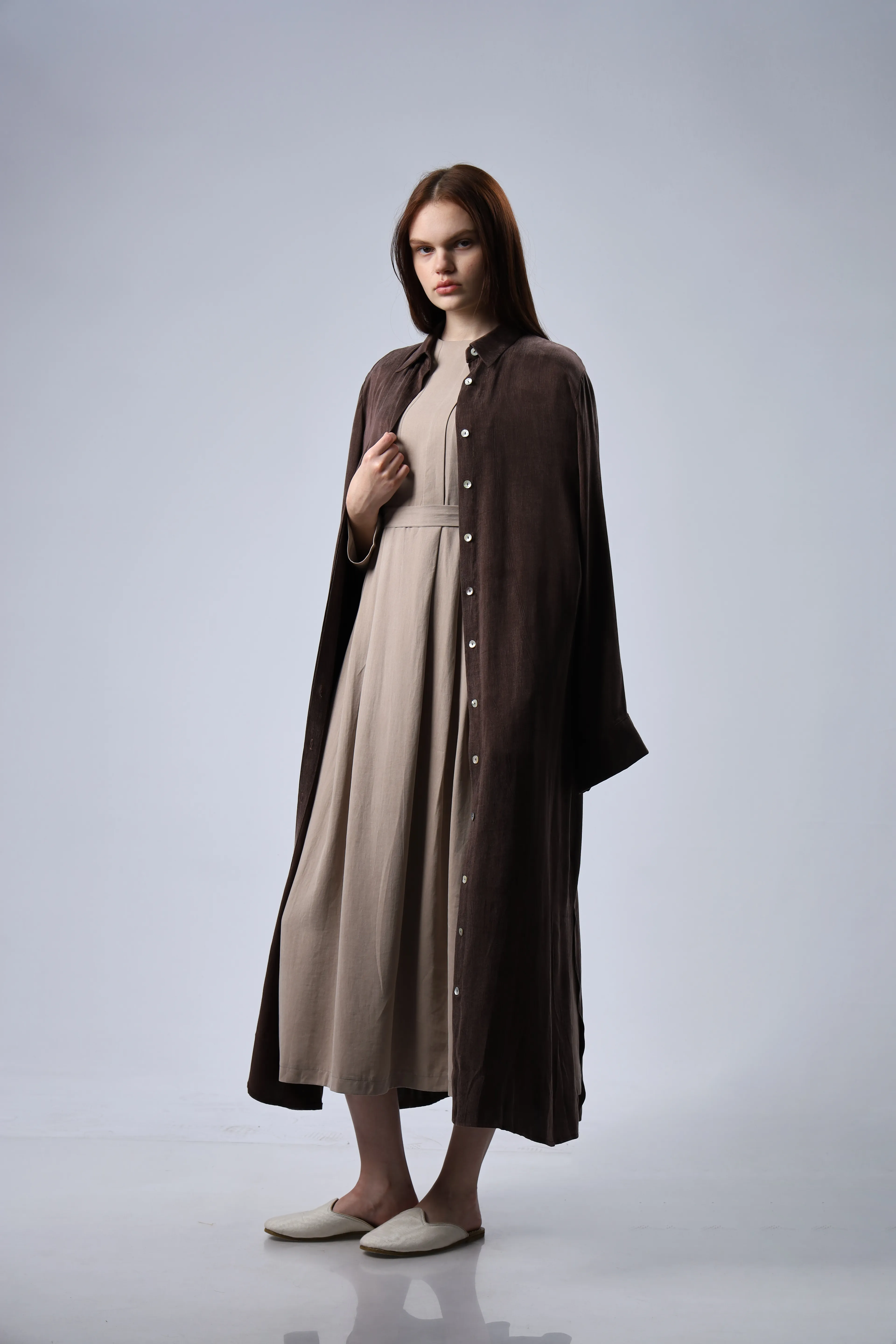 "Limited Edition Collection" İPEK CUPRA  KAHVERENGİ GÖMLEK ELBİSE 