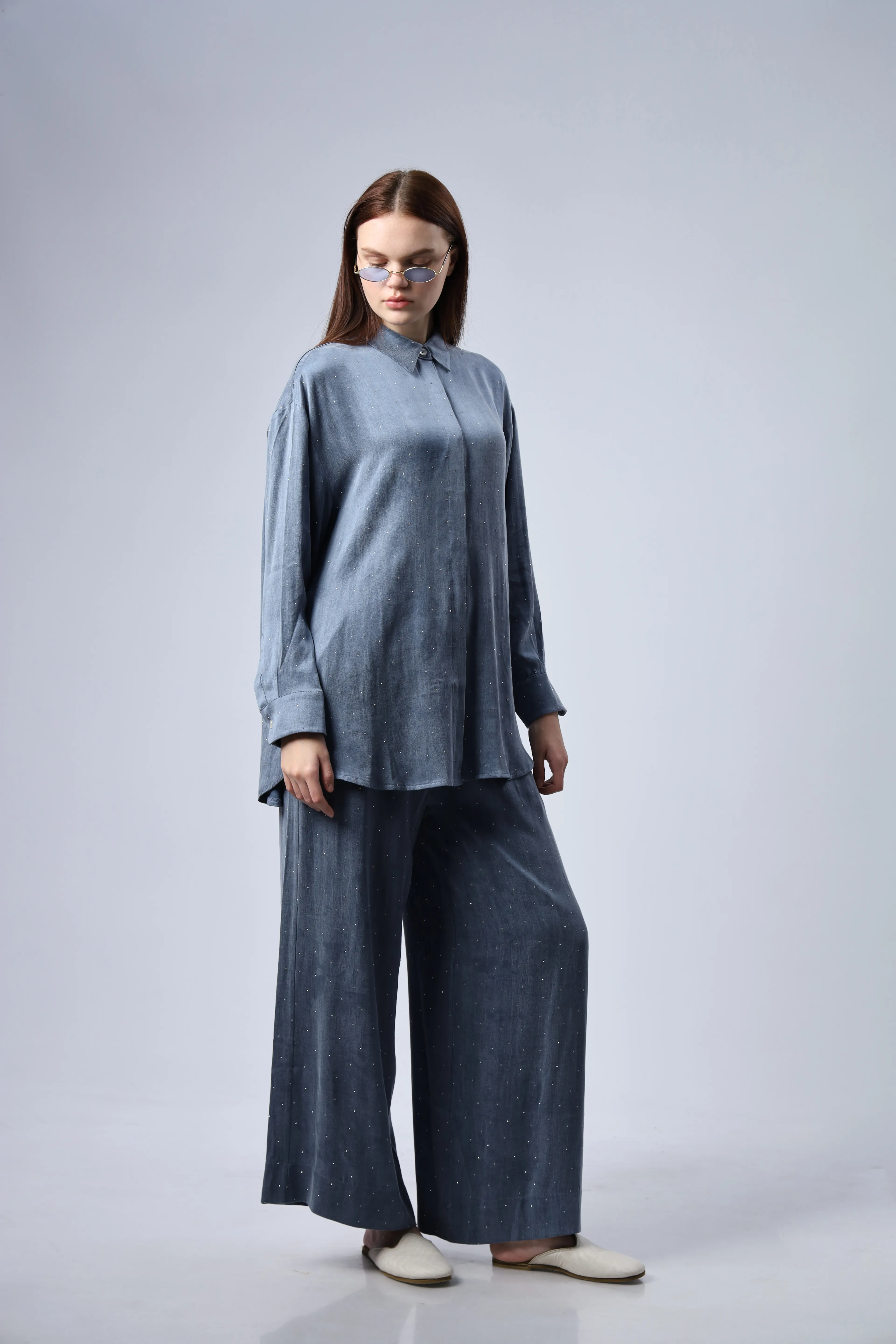 "Limited Edition Collection" İPEK CUPRA TAŞ DETAYLI TAKIM MAVİ (ÖN SİPARİŞ)