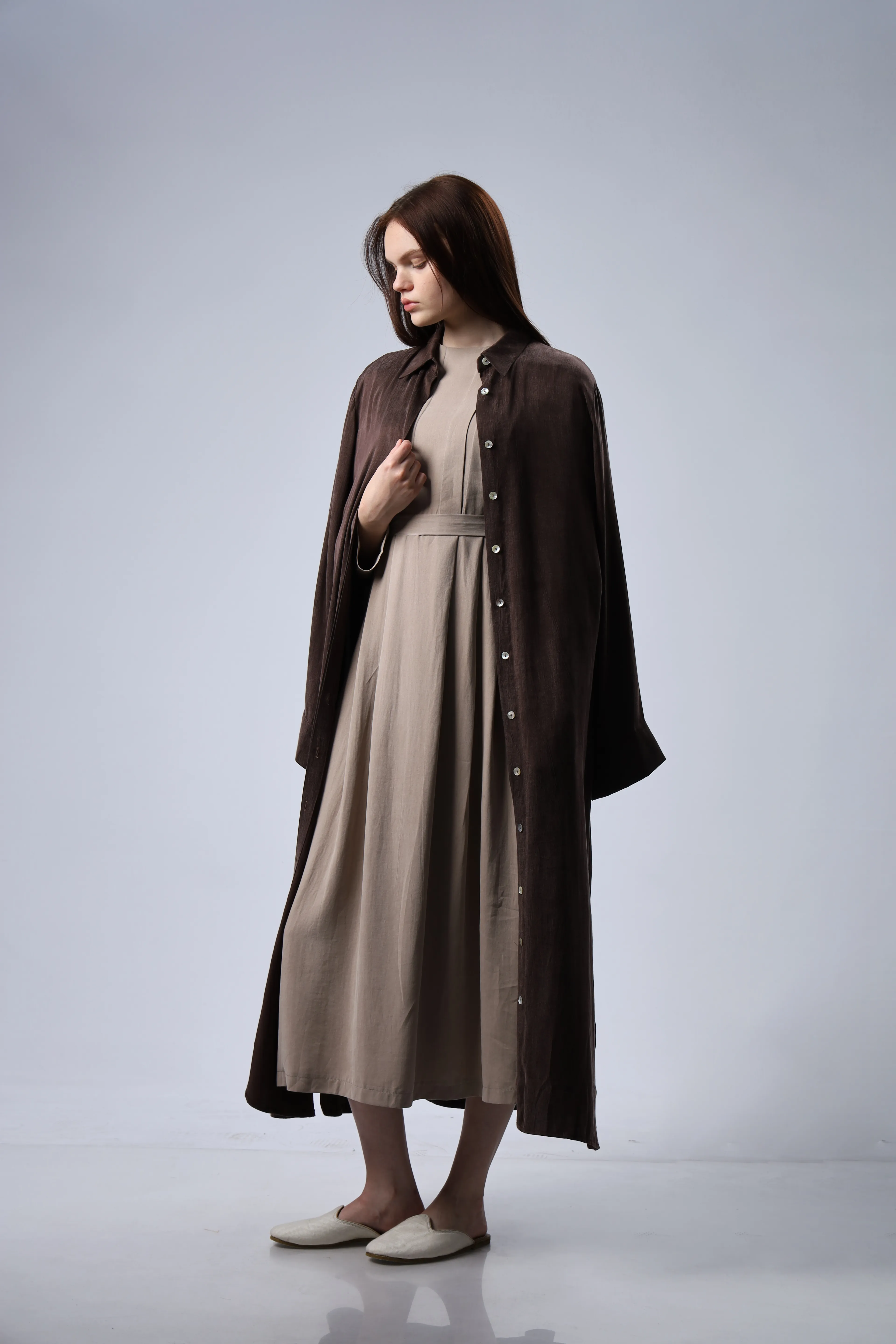 "Limited Edition Collection" İPEK CUPRA  KAHVERENGİ GÖMLEK ELBİSE 