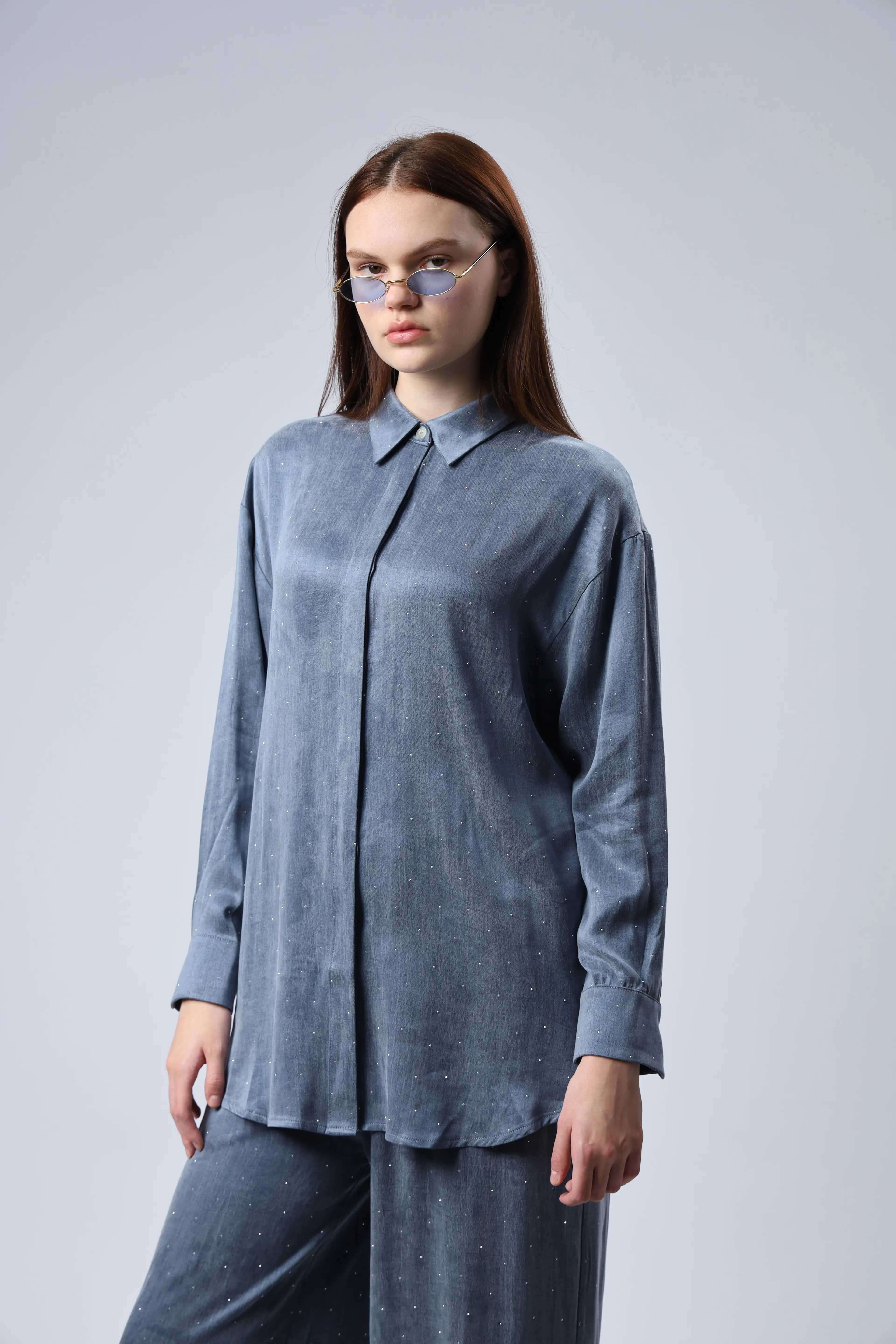 "Limited Edition Collection" İPEK CUPRA TAŞ DETAYLI TAKIM MAVİ (ÖN SİPARİŞ)