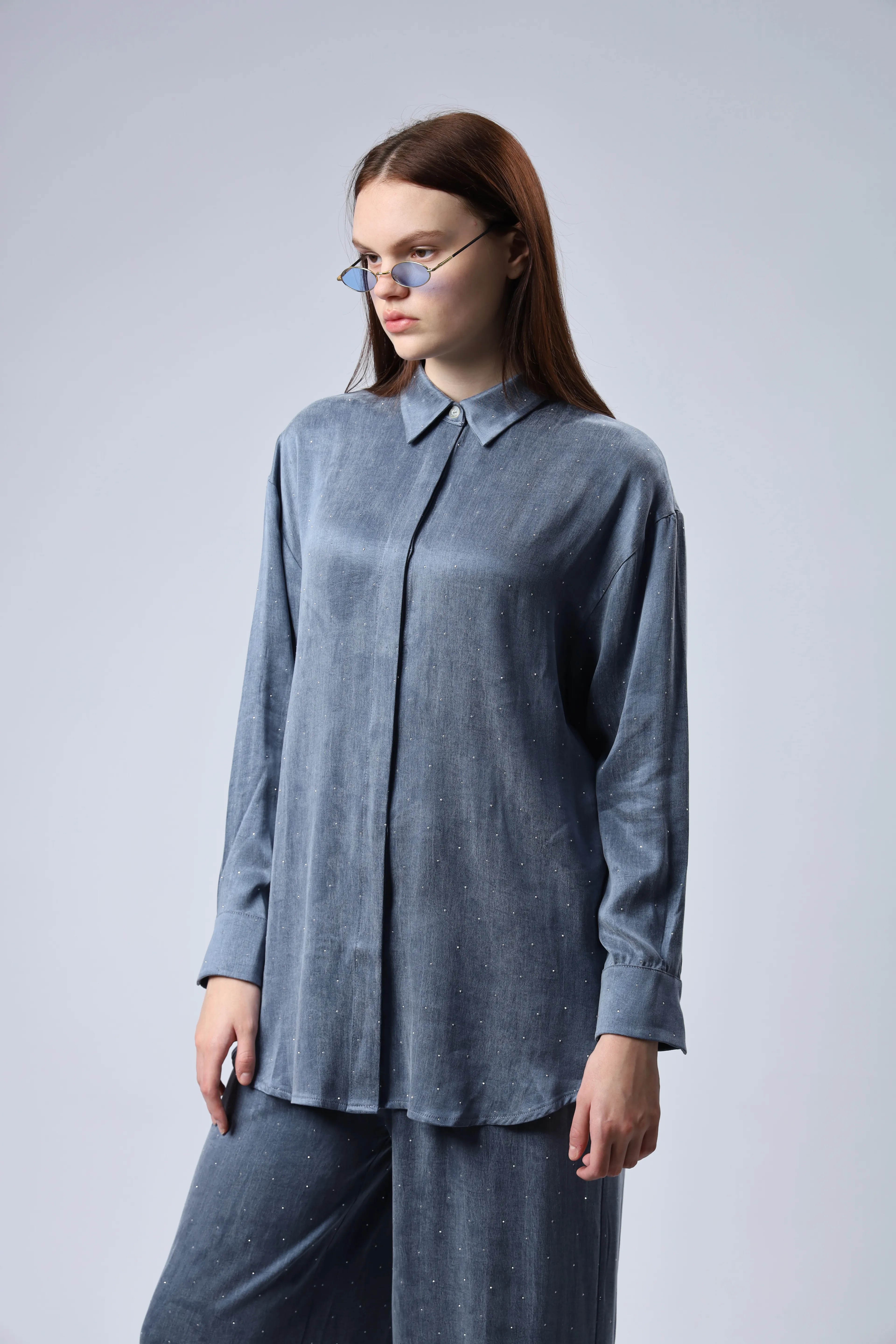 "Limited Edition Collection" İPEK CUPRA TAŞ DETAYLI TAKIM MAVİ (ÖN SİPARİŞ)