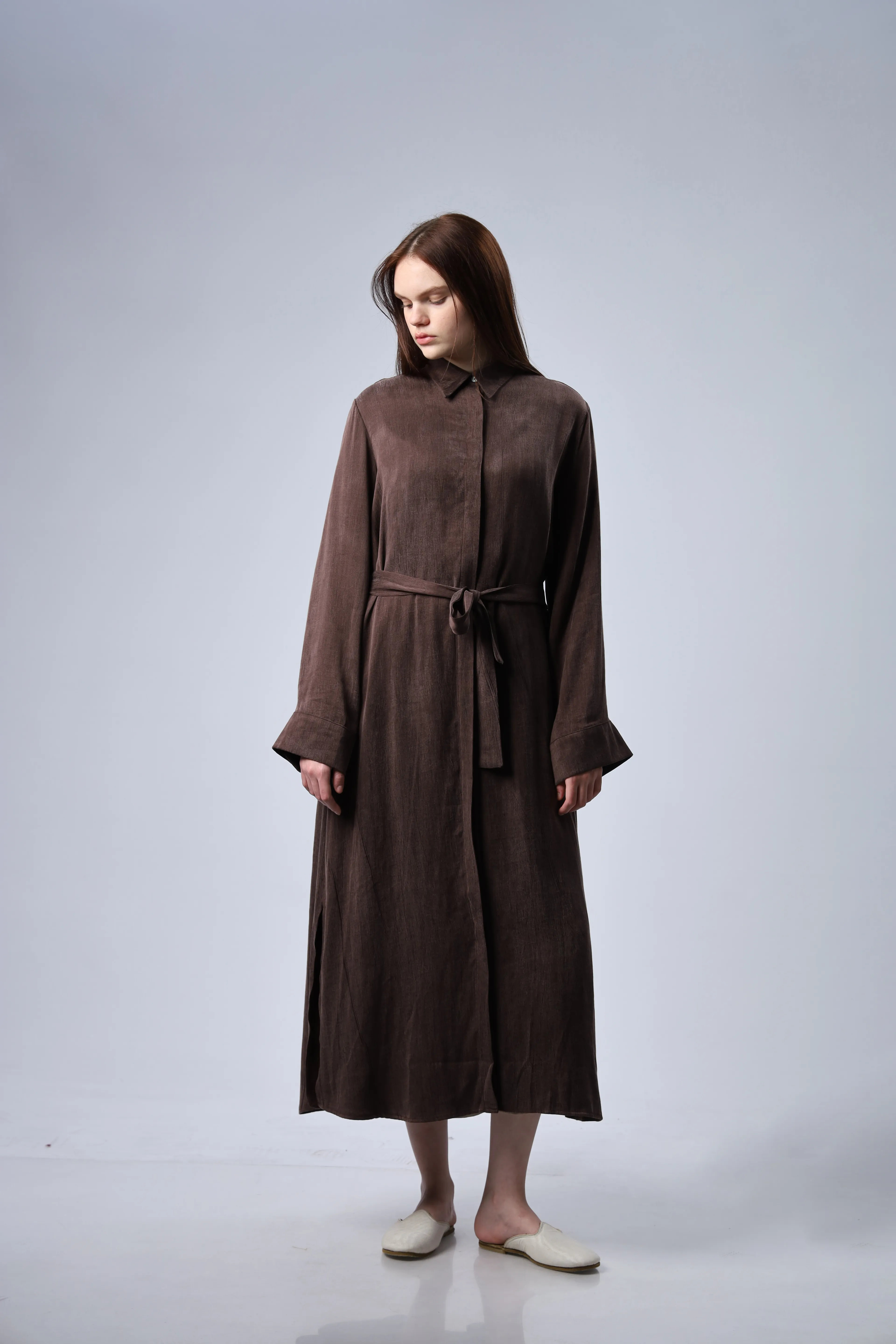 "Limited Edition Collection" İPEK CUPRA  KAHVERENGİ GÖMLEK ELBİSE 