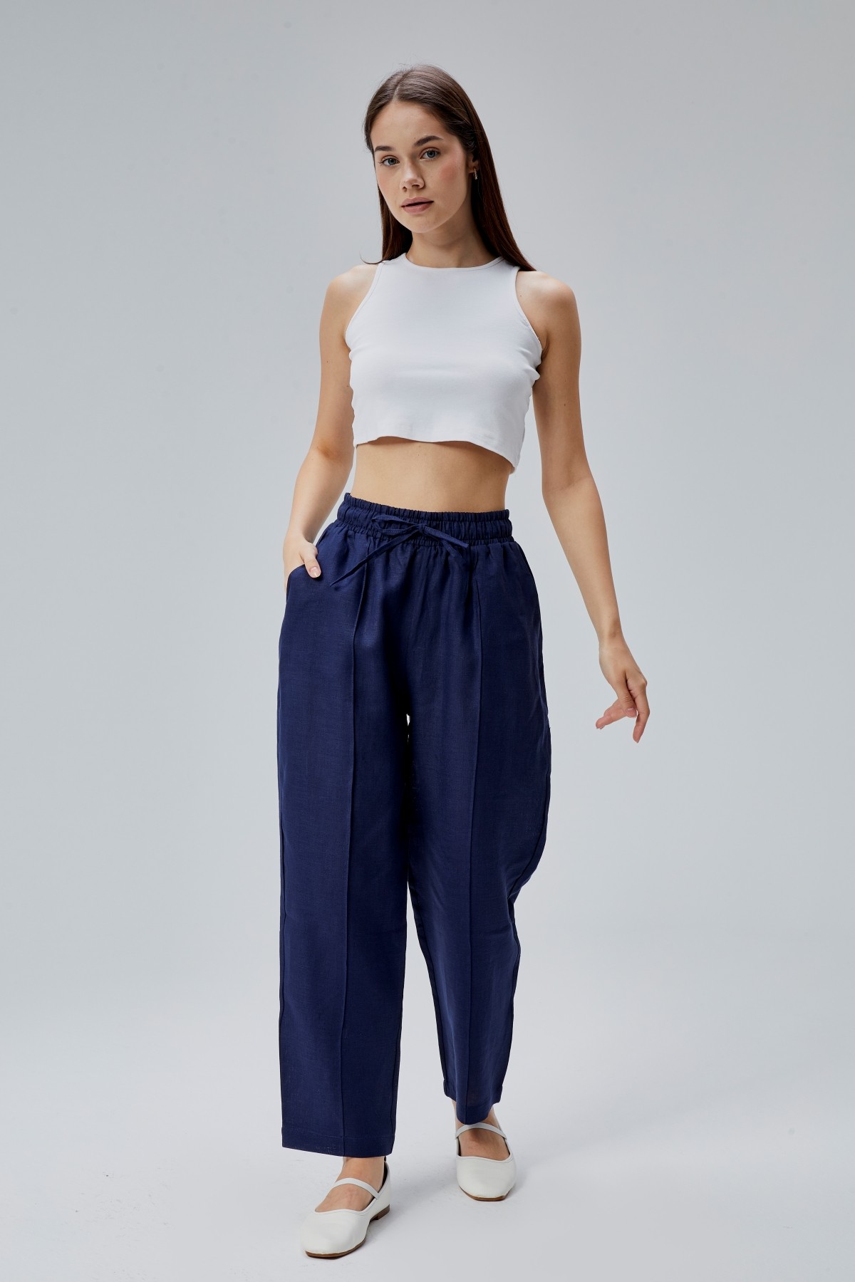 %100 KETEN LACİVERT PANTOLON