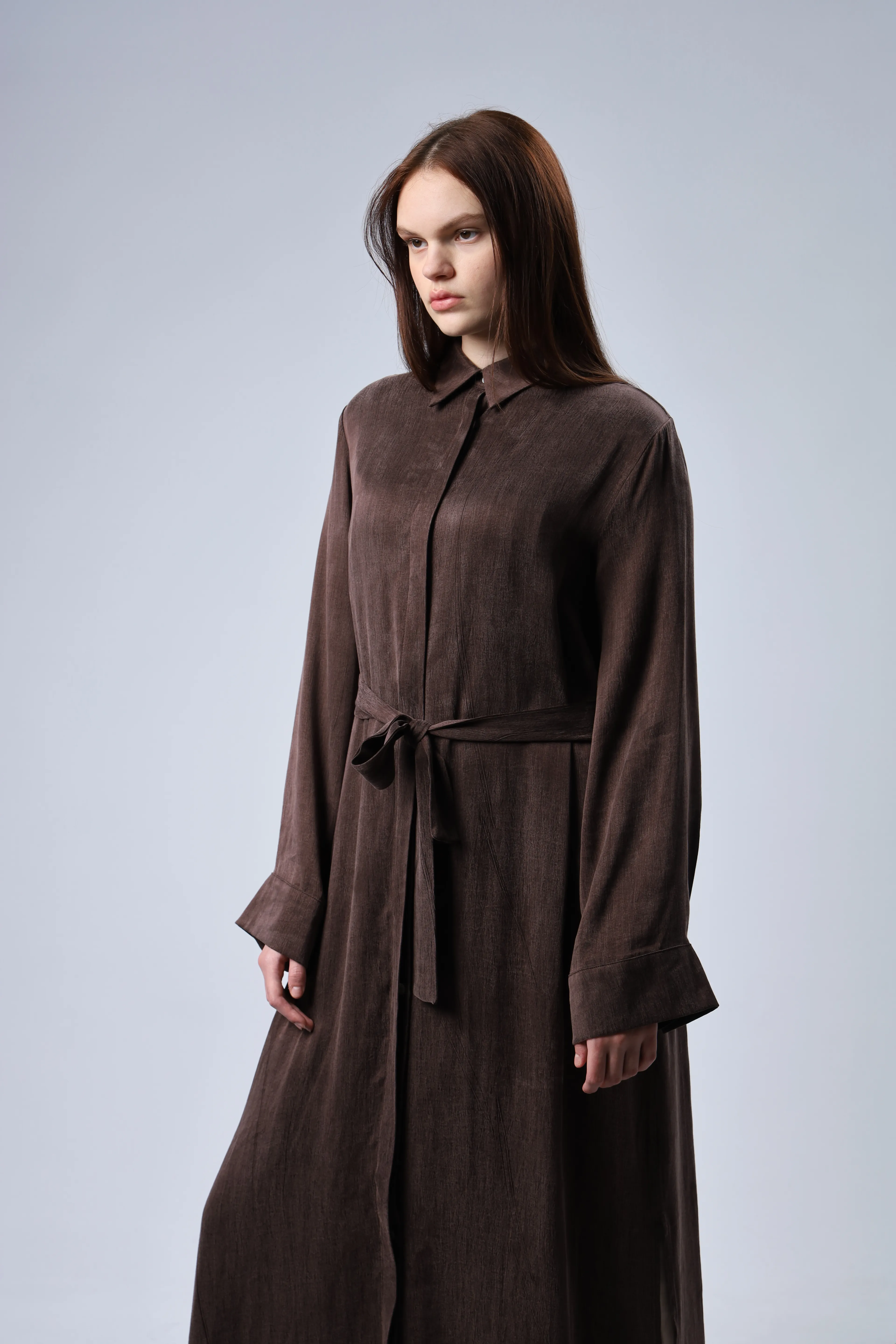 "Limited Edition Collection" İPEK CUPRA  KAHVERENGİ GÖMLEK ELBİSE 