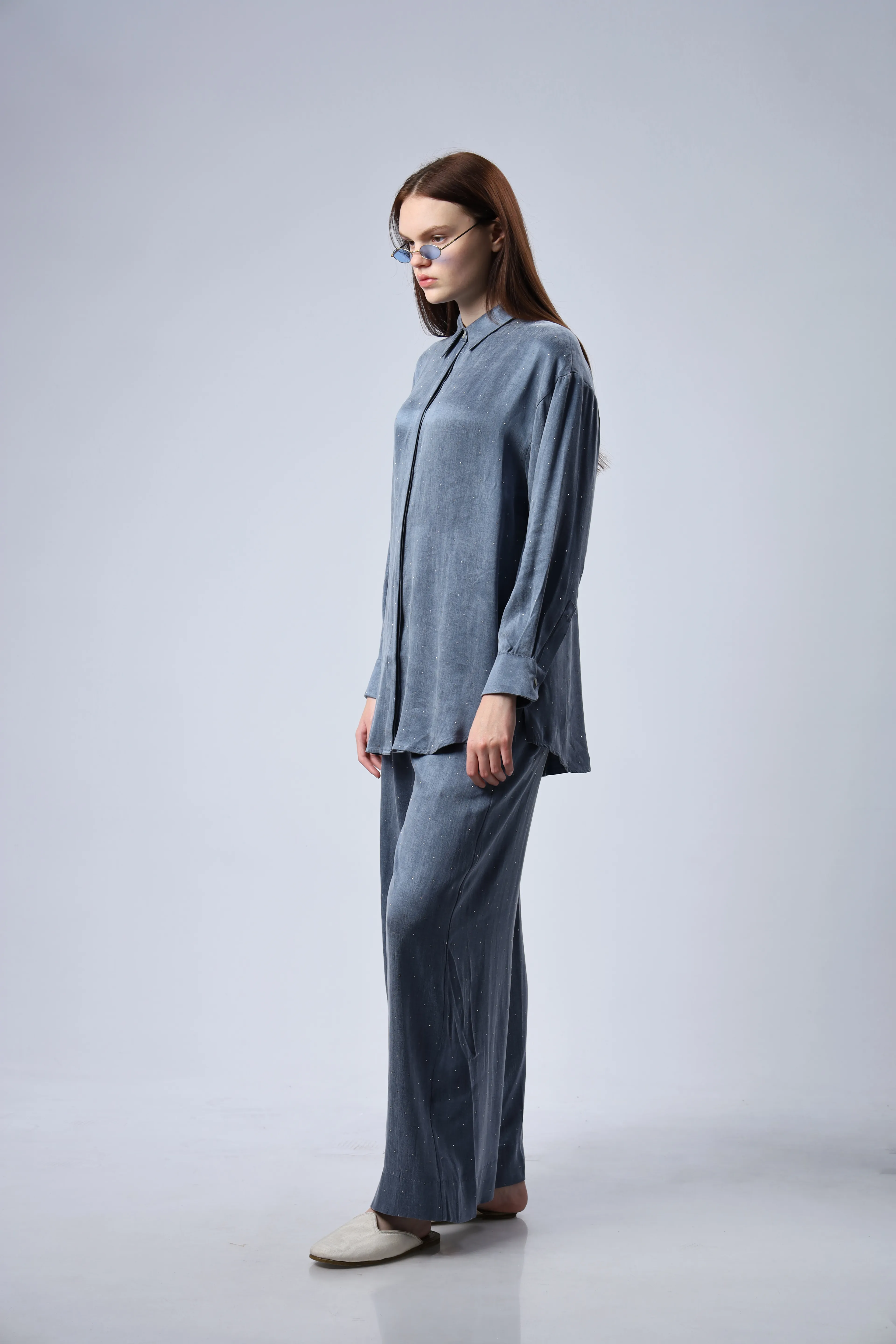 "Limited Edition Collection" İPEK CUPRA TAŞ DETAYLI TAKIM MAVİ (ÖN SİPARİŞ)