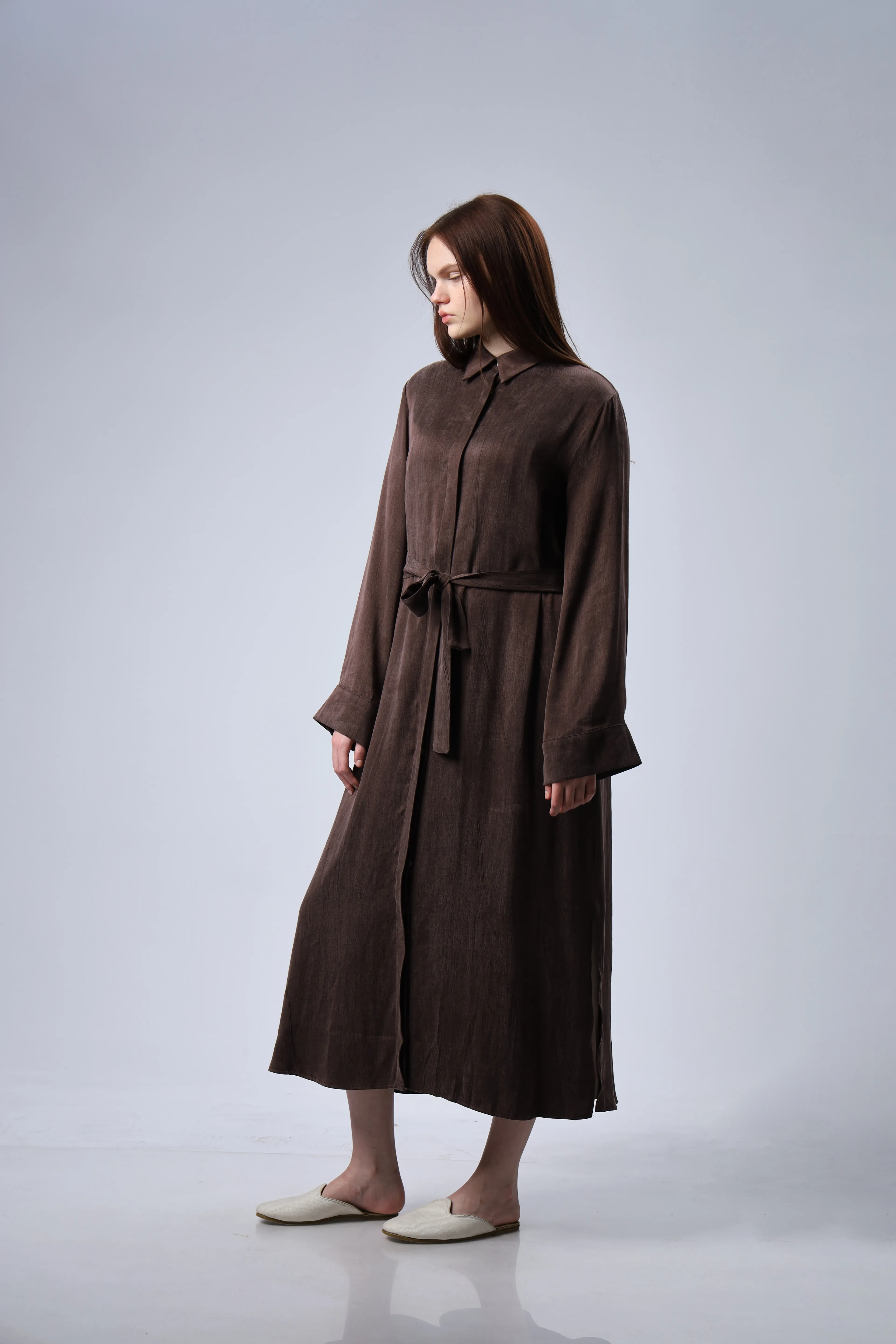 "Limited Edition Collection" İPEK CUPRA  KAHVERENGİ GÖMLEK ELBİSE 