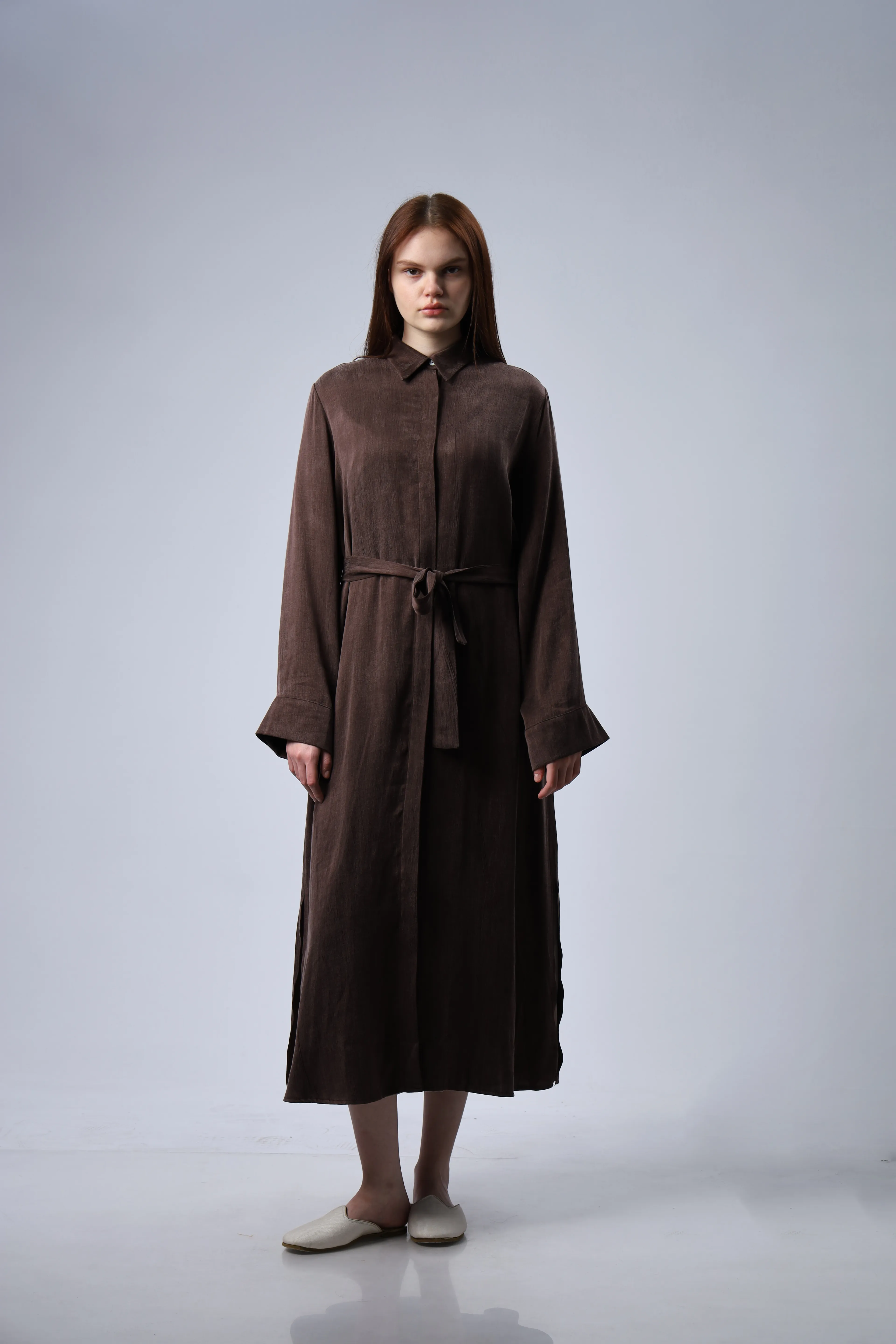 "Limited Edition Collection" İPEK CUPRA  KAHVERENGİ GÖMLEK ELBİSE 