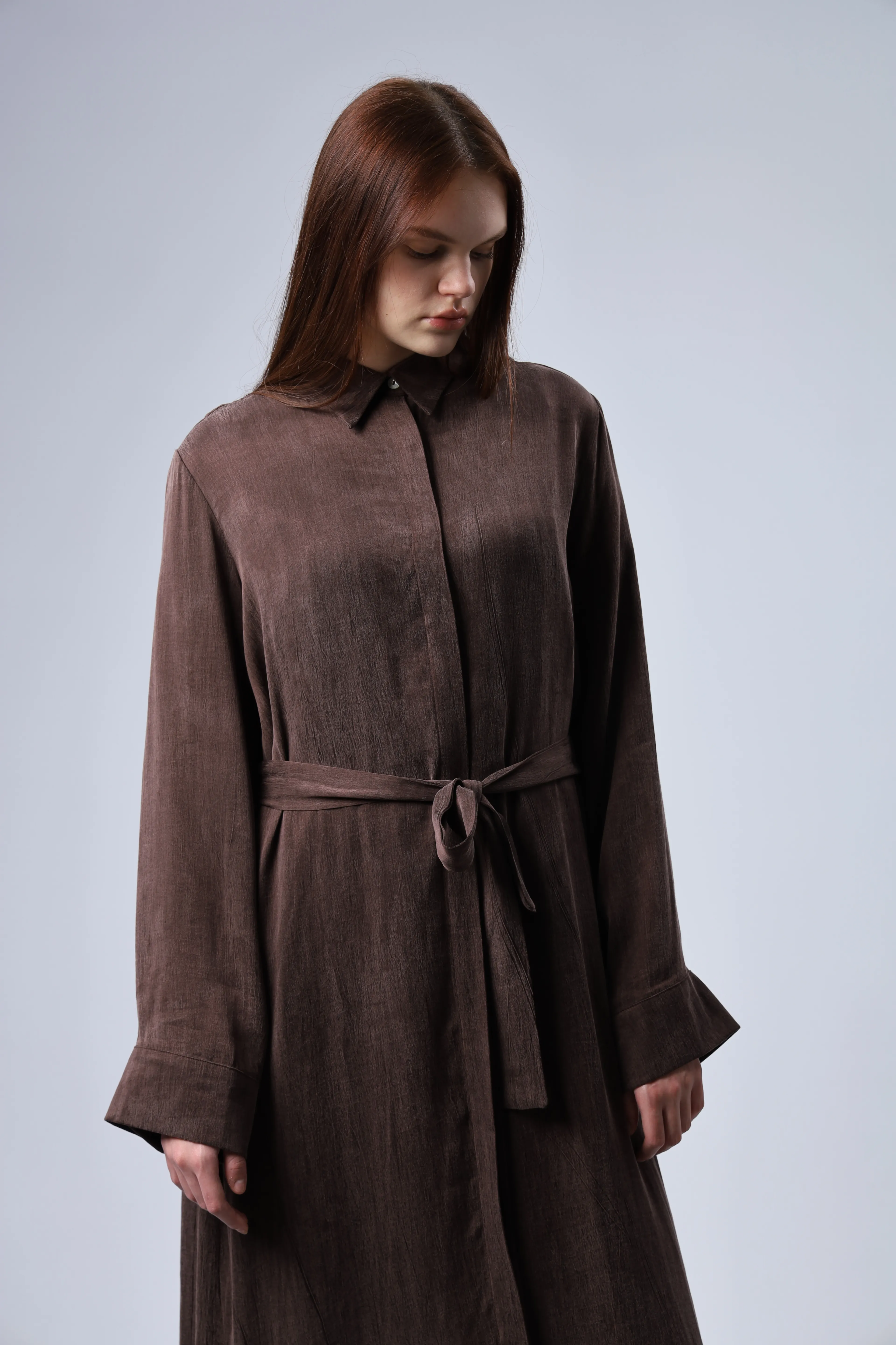 "Limited Edition Collection" İPEK CUPRA  KAHVERENGİ GÖMLEK ELBİSE 