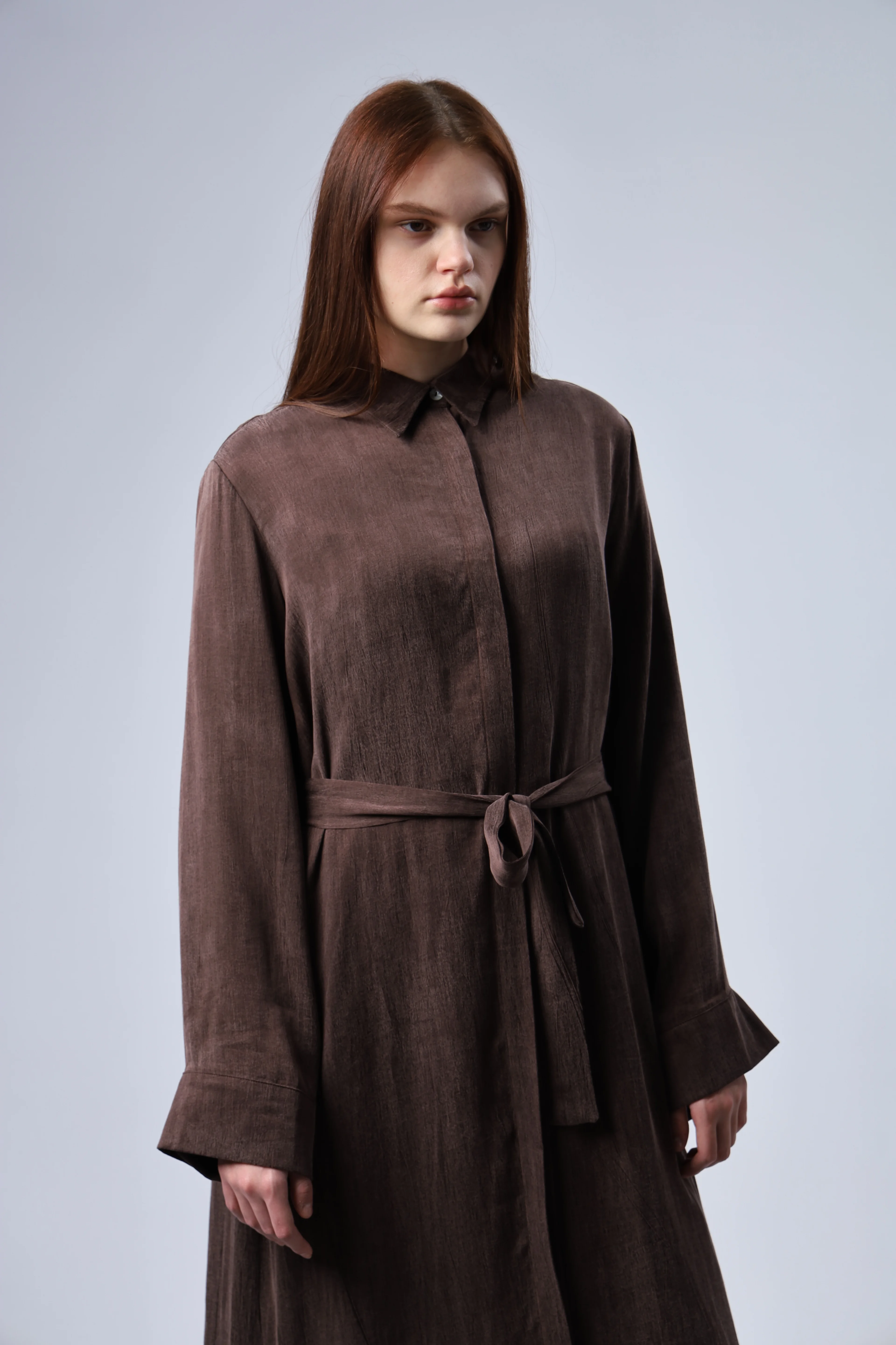 "Limited Edition Collection" İPEK CUPRA  KAHVERENGİ GÖMLEK ELBİSE 