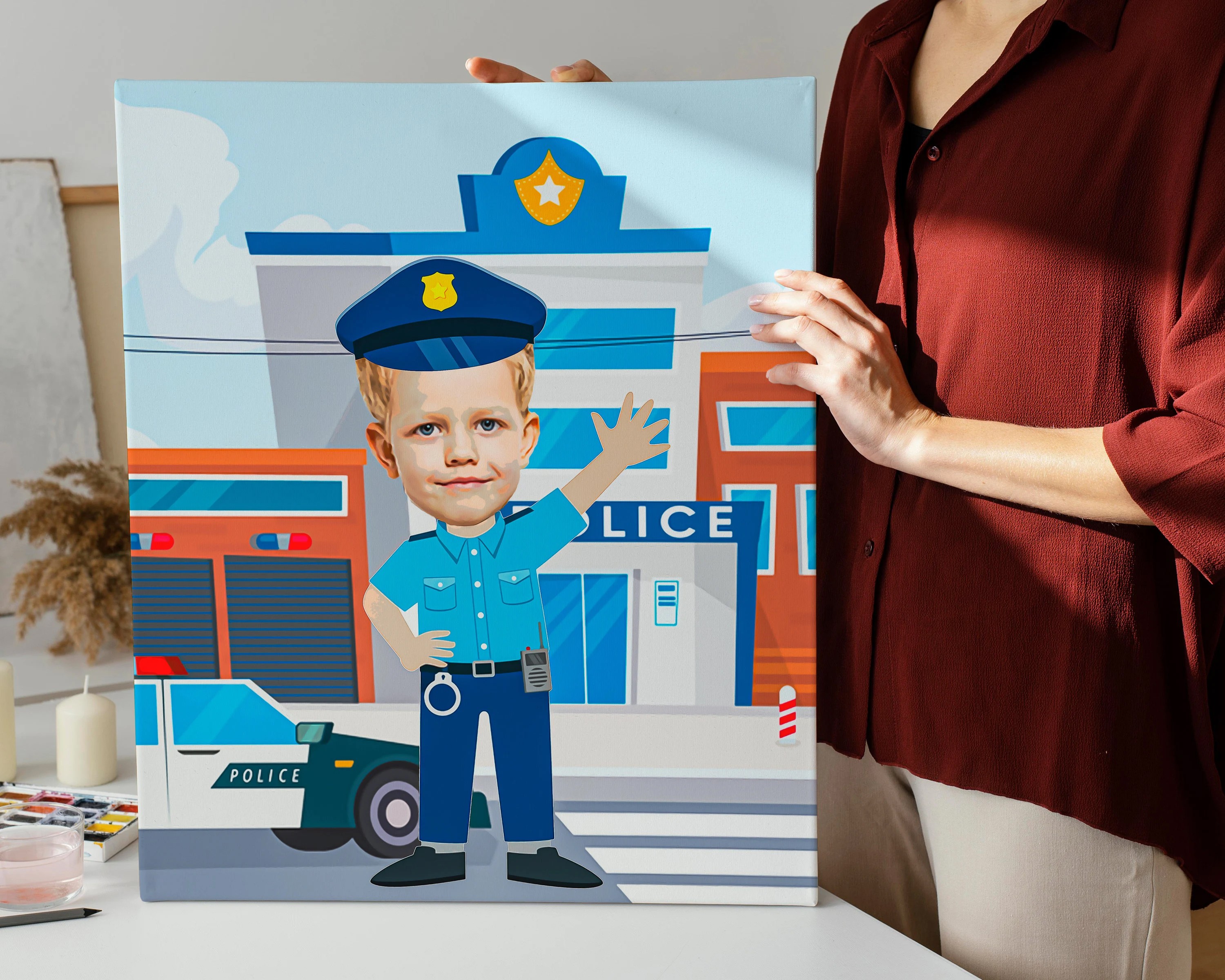 Police Kids Custom Portrait, Personalized Boy Cop Police Art, Policeman Cartoon Portrait, Digital File Only