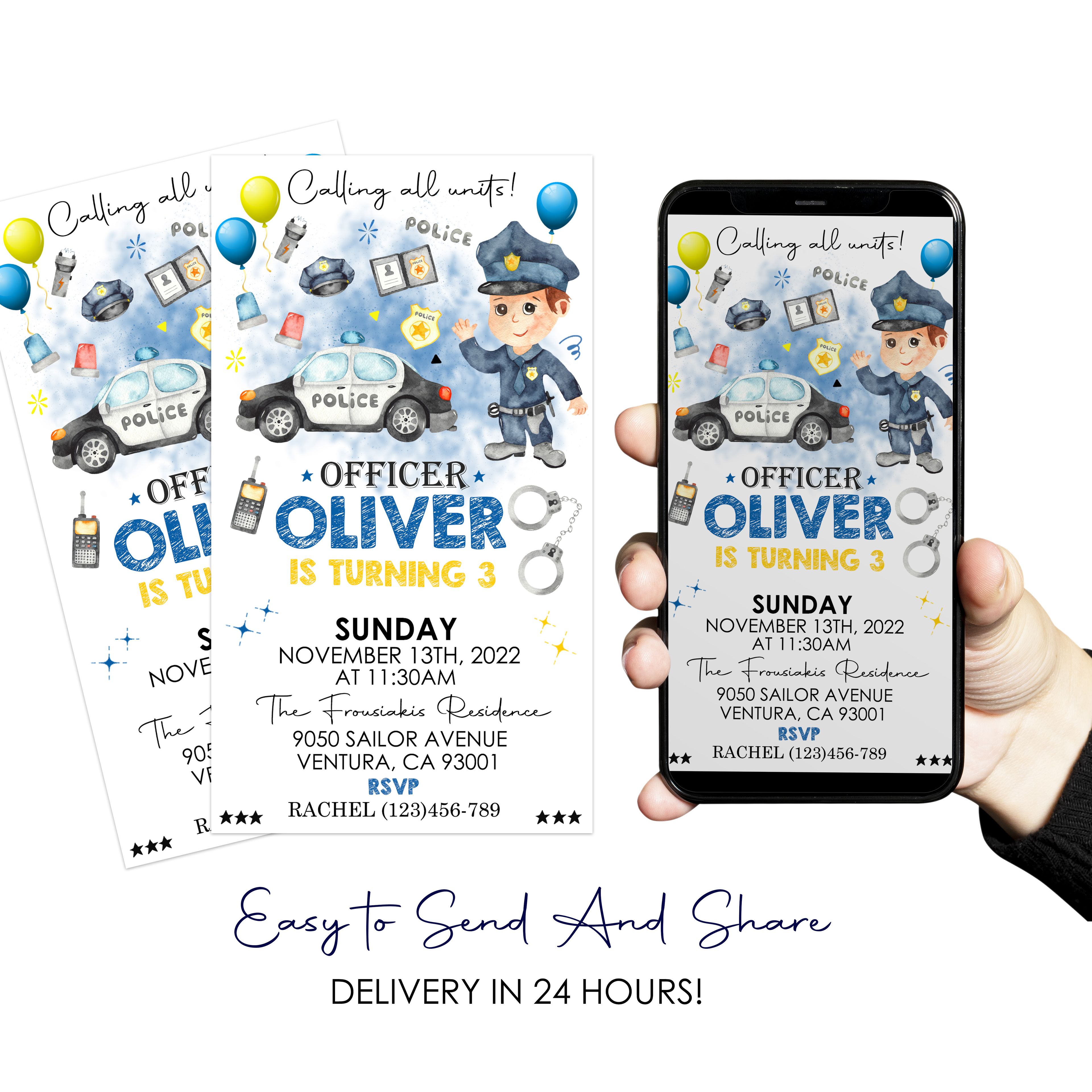 Police Officer Theme Birthday Digital Invitation