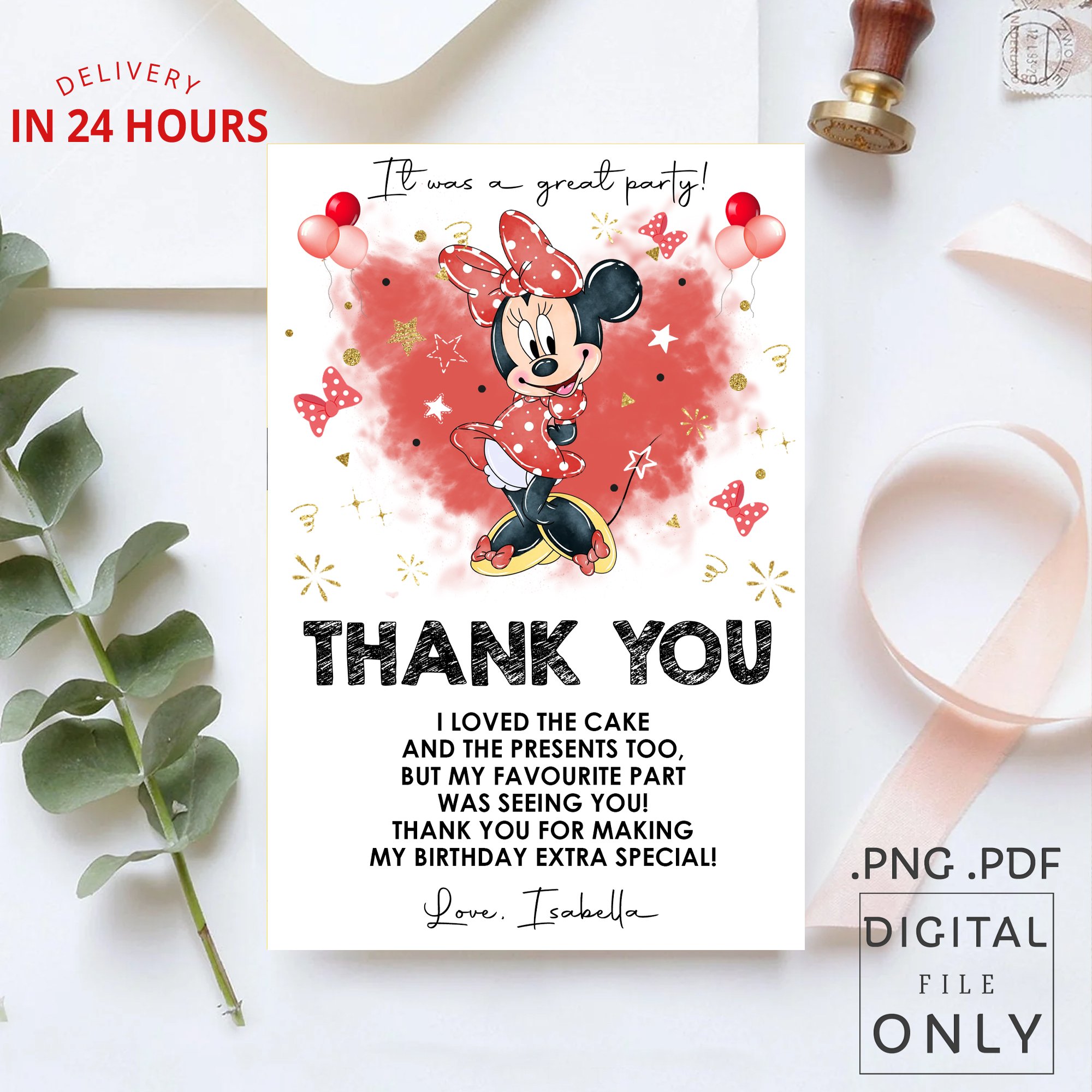 Minnie Mouse Red Thank You Card - Digital File