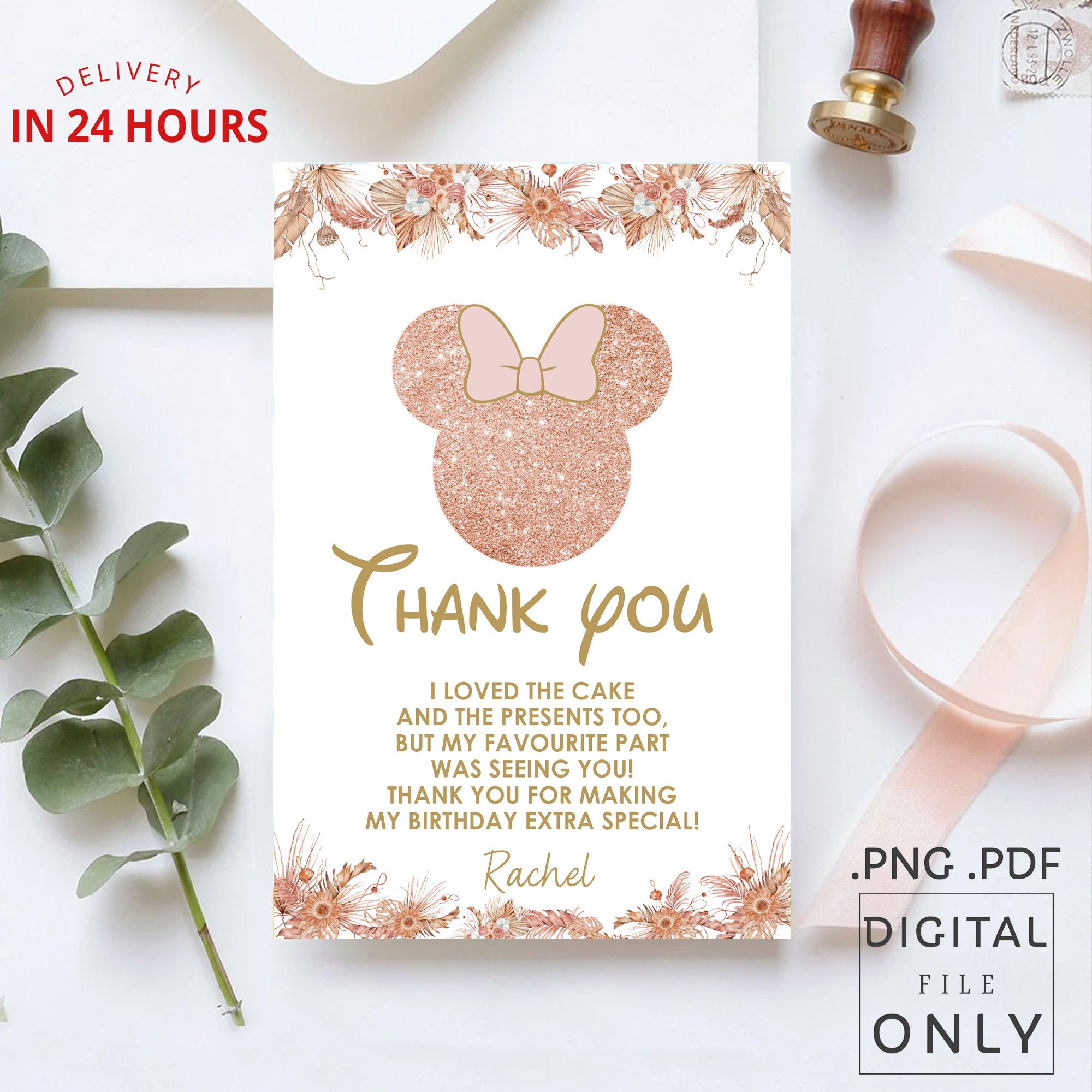 Minnie Mouse Boho Thank You Card - Digital File