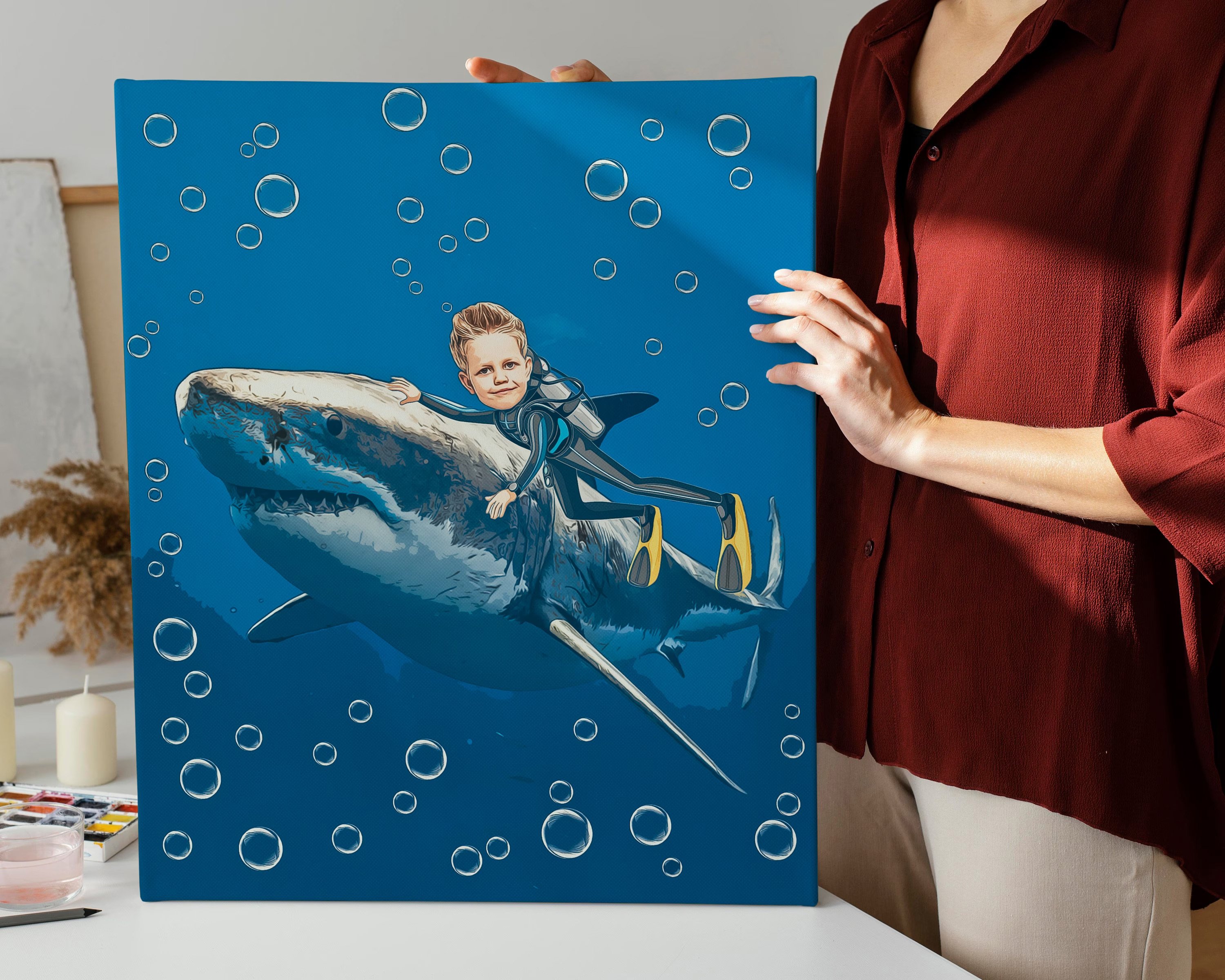 Custom Kid Riding a Shark Portrait, Personalized Shark Animal Art, Custom Shark Portrait - Digital File Only