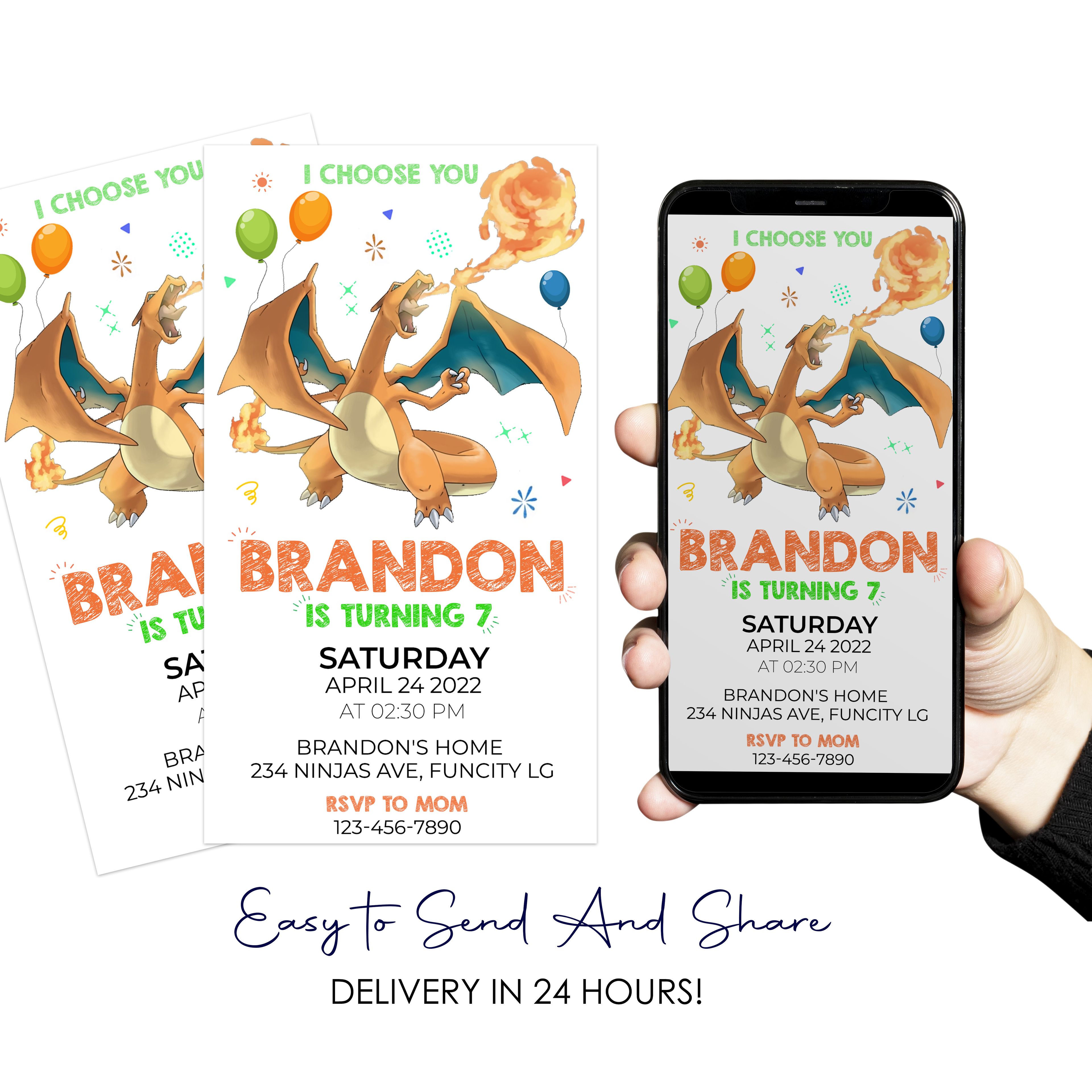 Pokemon Charizard Birthday Digital Invitation