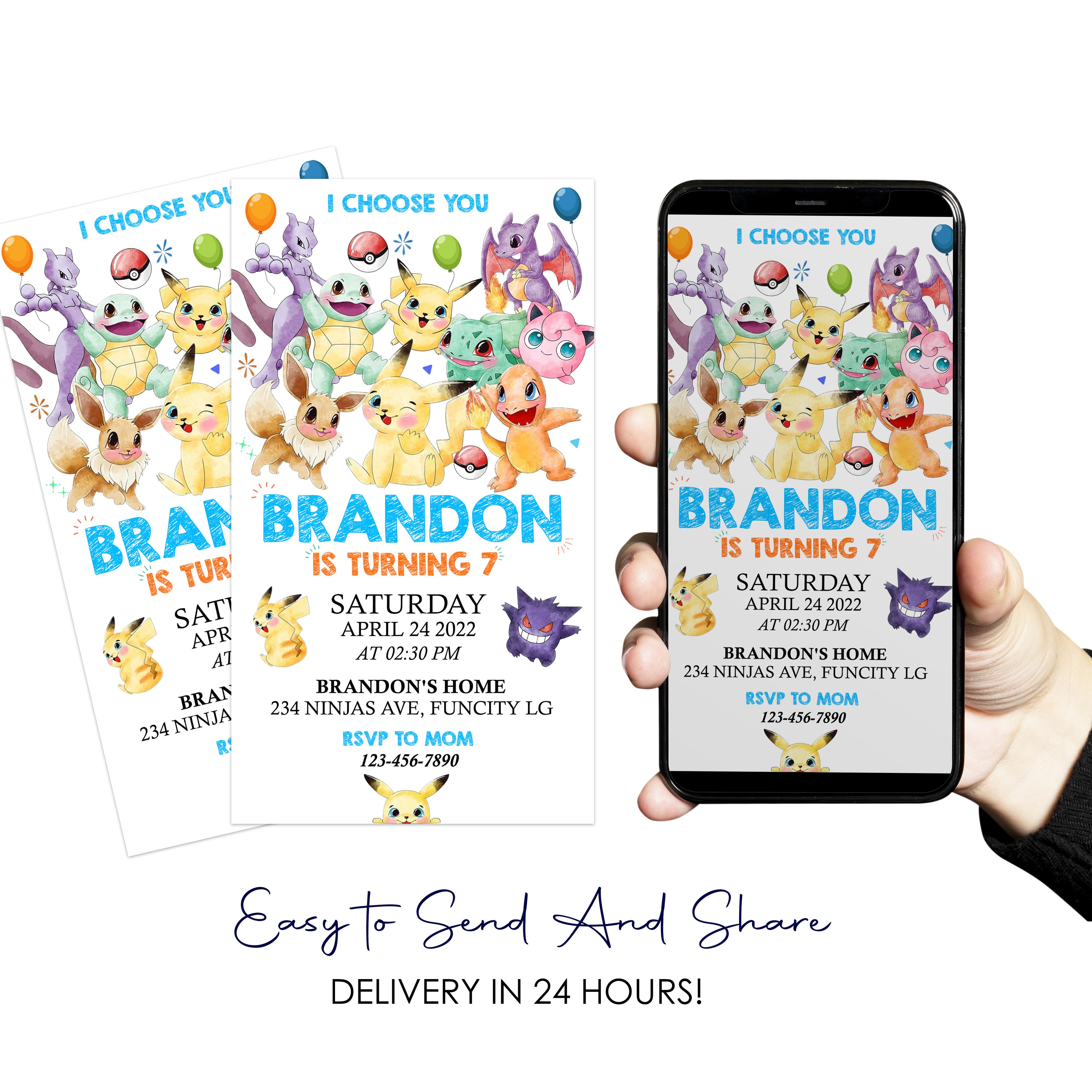 Pokemon Watercolor Birthday Digital Invitation