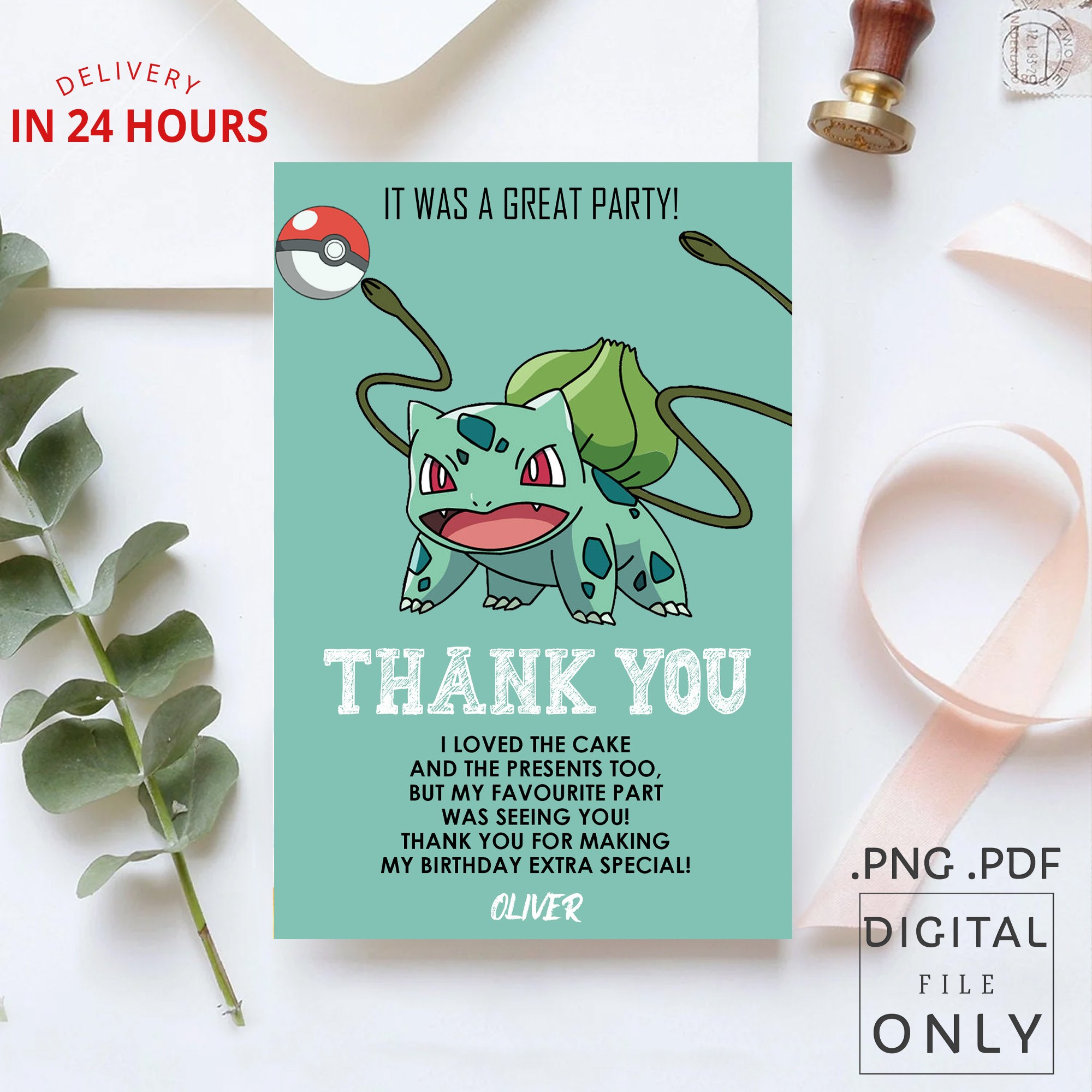 Pokemon Bulbasaur Thank You Card - Digital File