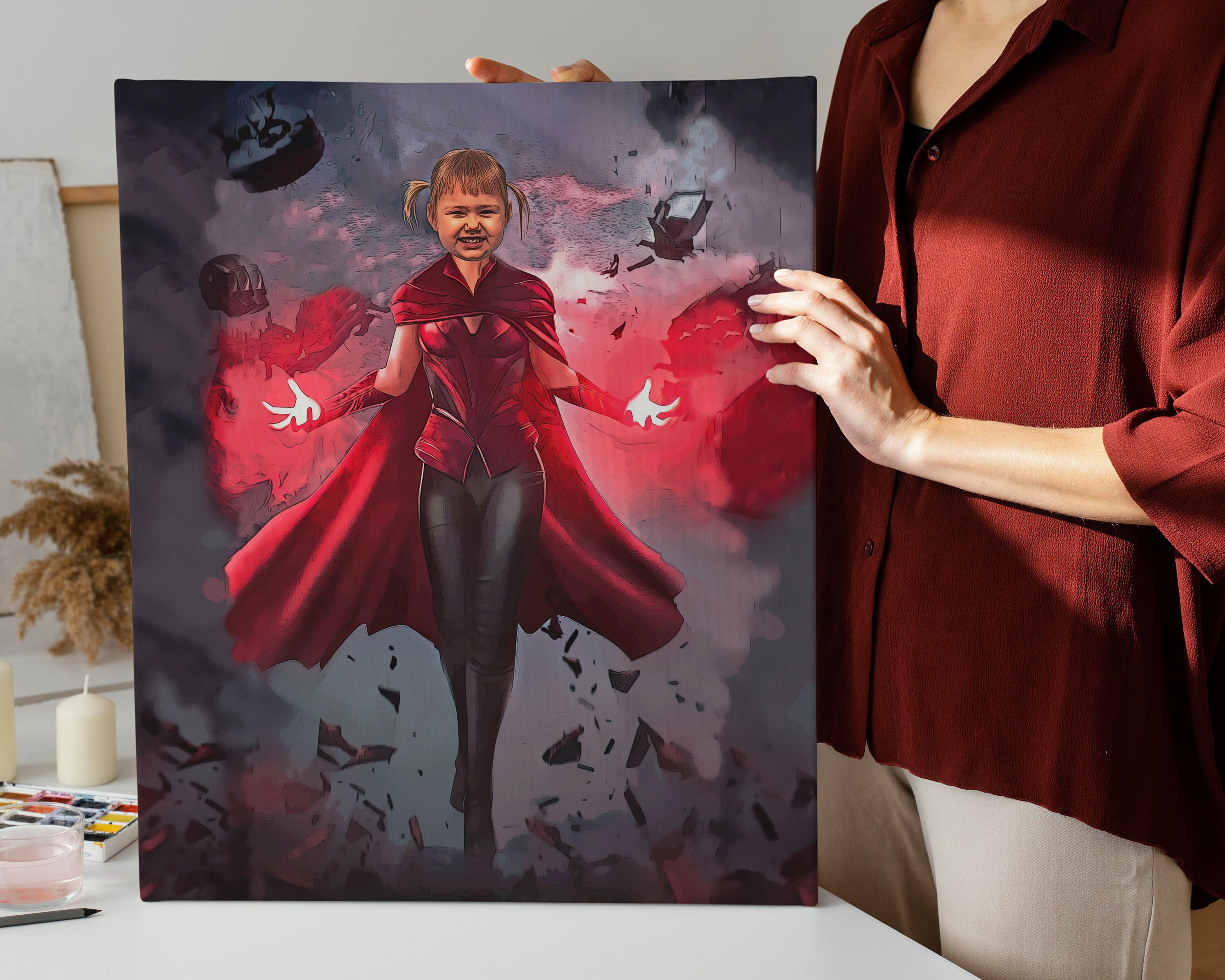 SuperHero Wanda Kids Custom Portrait,Get Your Own Superhero Portrait from your photo,Personalized Scarlet Witch caricature,Digital File Only