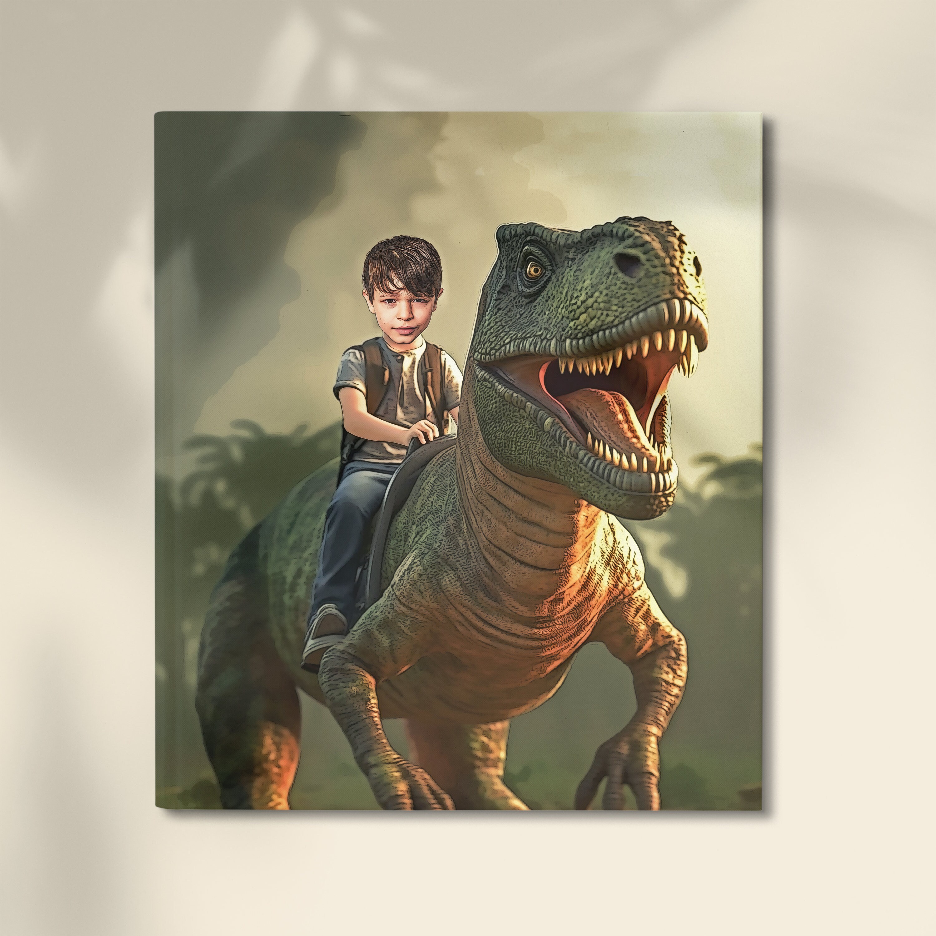 Personalized Jurassic Dinosaur Portrait - Riding a dinosaur - T-REX - Custom With Dinosaur Portrait From Your Photo - Gift For Kids