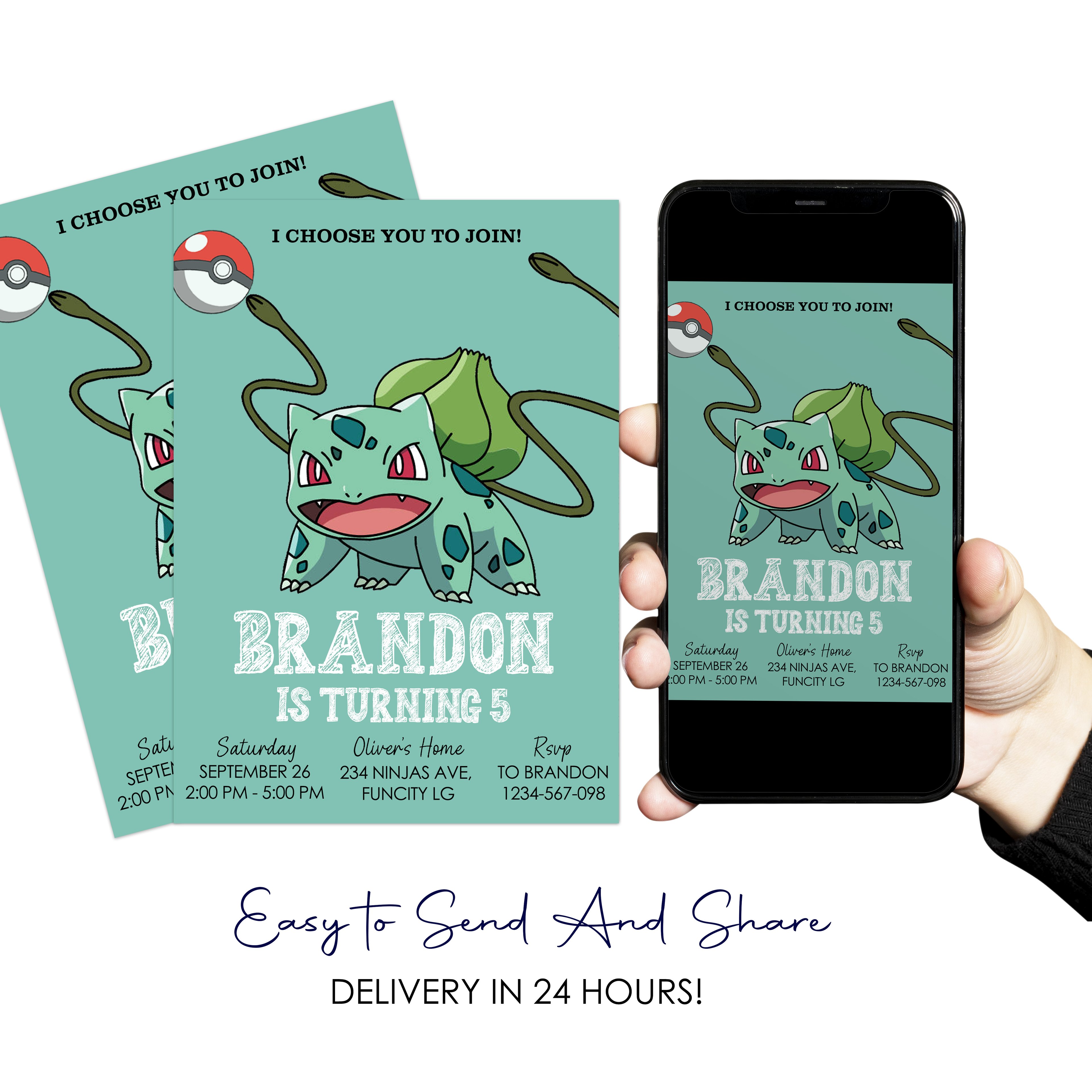 Pokemon Bulbasaur Birthday Digital Invitation