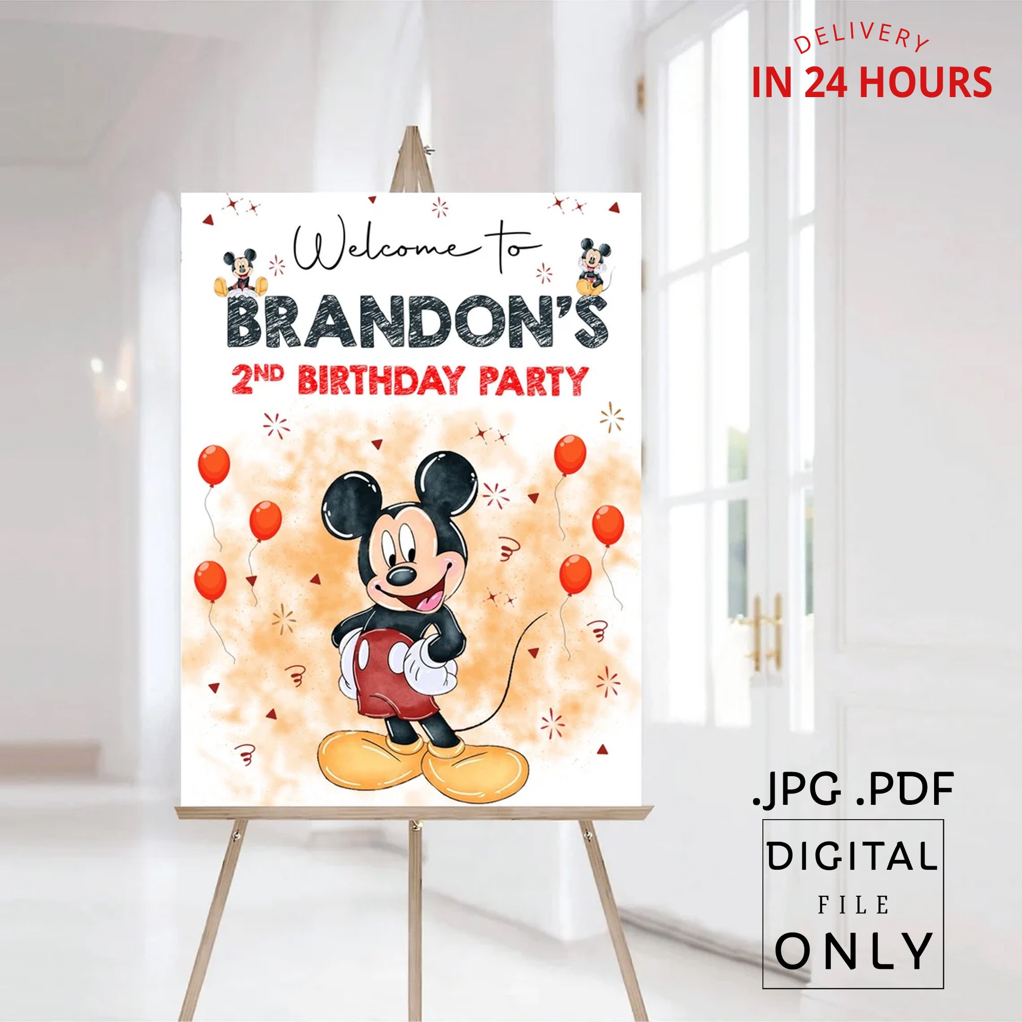 Mickey Mouse Watercolor Birthday Welcome Sign Digital File