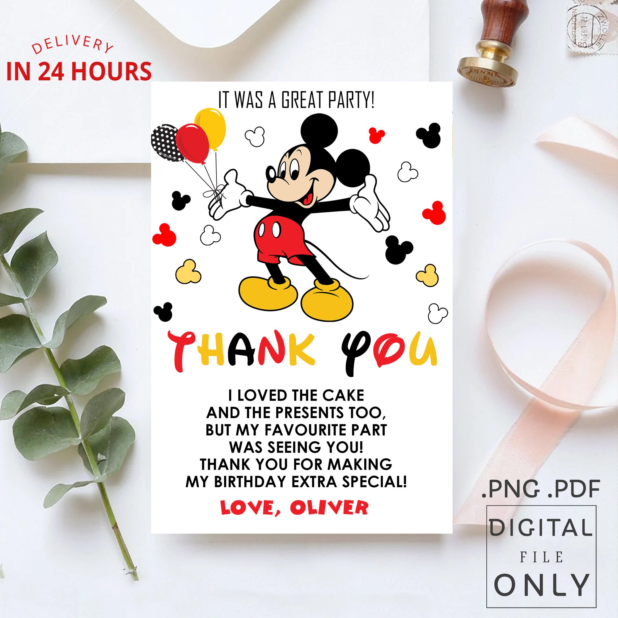Disney Mickey Mouse Thank You Card - Digital File