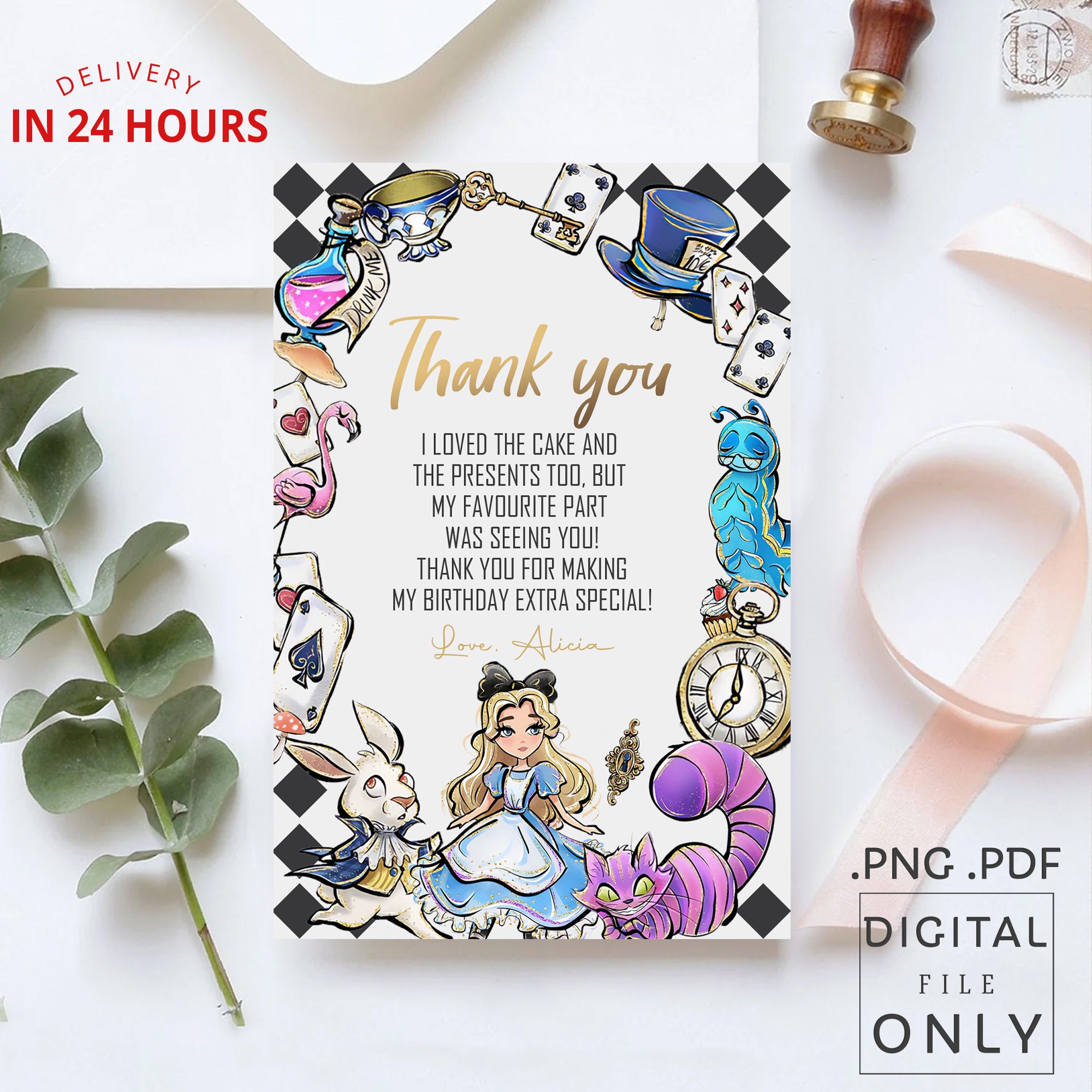 Alice in Wonderland Thank You Card - Digital File