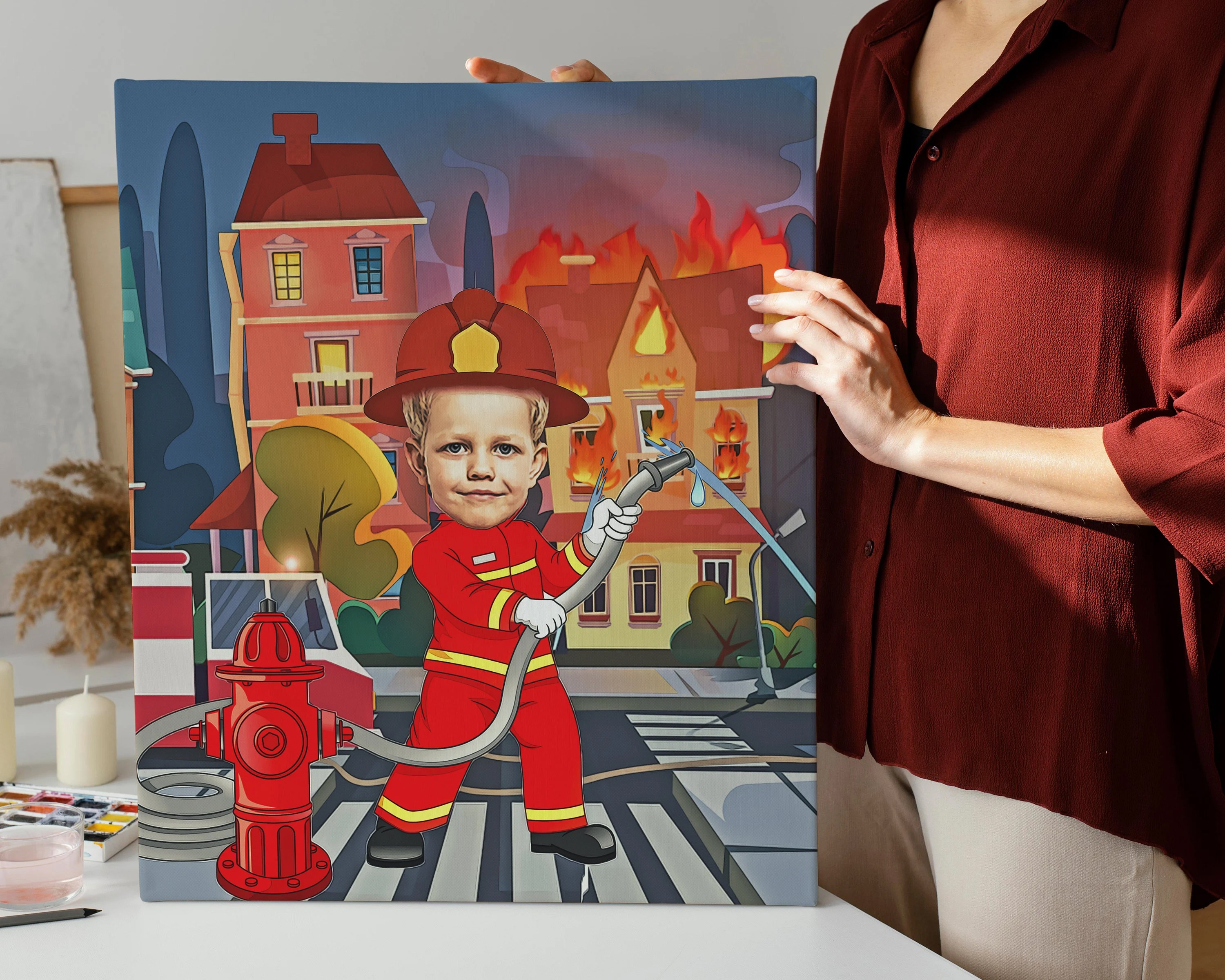 Firefighter Kids Custom Portrait,Personalized Boy Firefighter Art,fireman Cartoon Portrait,Digital File
