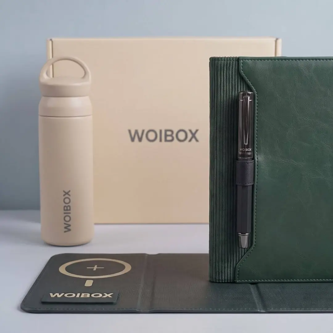 Woibox çalışan karşılama kiti, kişiselleştirilebilir defter, kalem, termos ve masaüstü ürünleri