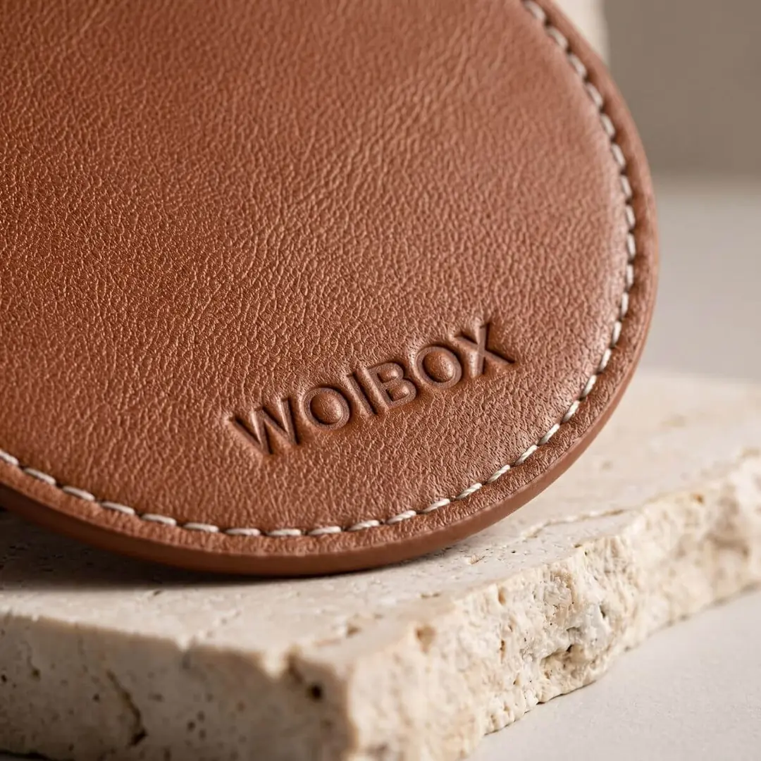 Woibox logolu deri yüzeyde baskı ve işçilik detayının yakın plan görünümü