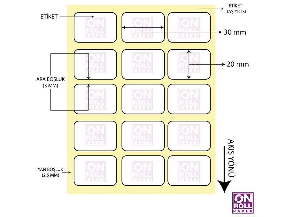 Kuşe Barkod Etiketi 30x20 Yan Yana 3'lü 1000'li Sarım 20 Rulo