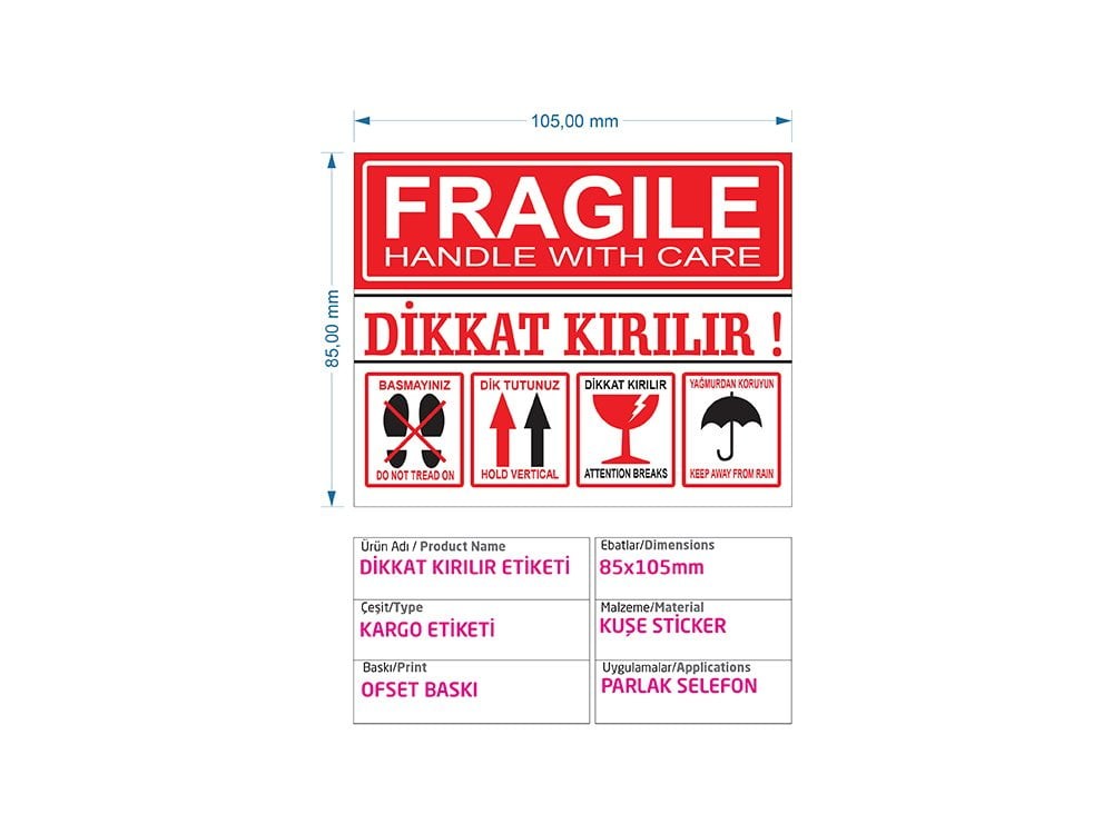 'Dikkat Kırılır'' Etiketi 85 x 105 Kuşe Sticker 100'lü 10 Paket