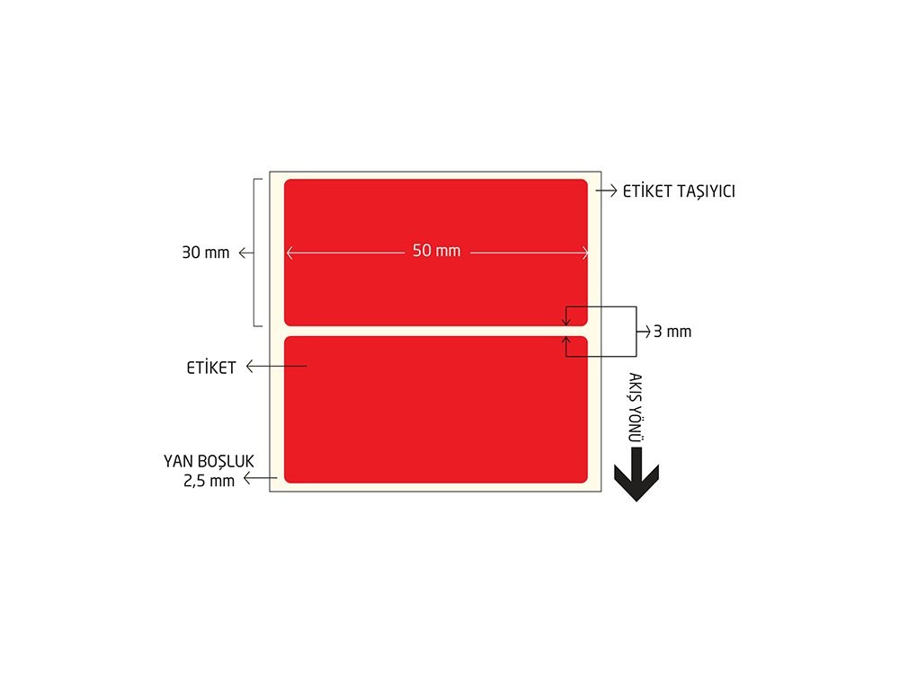 Kırmızı Renkli Termal Barkod Etiketi 50x30 1000'li Sarım 10 Rulo