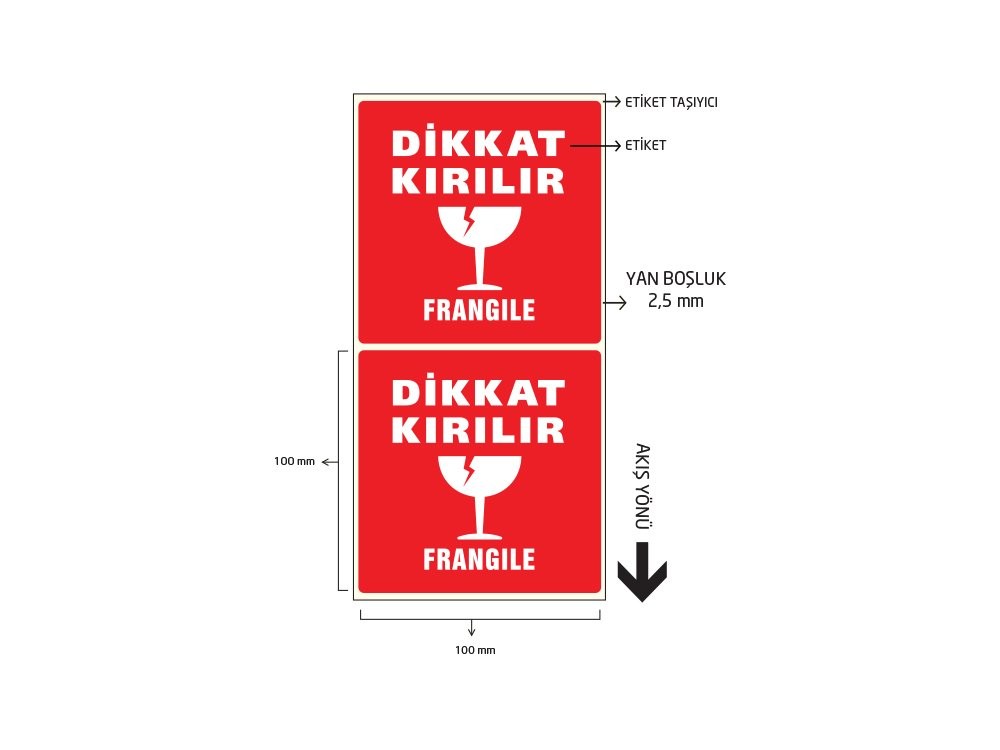 Kırmızı Dikkat Kırılır Etiketi 100x100 mm 500'lü Sarım 6 Rulo