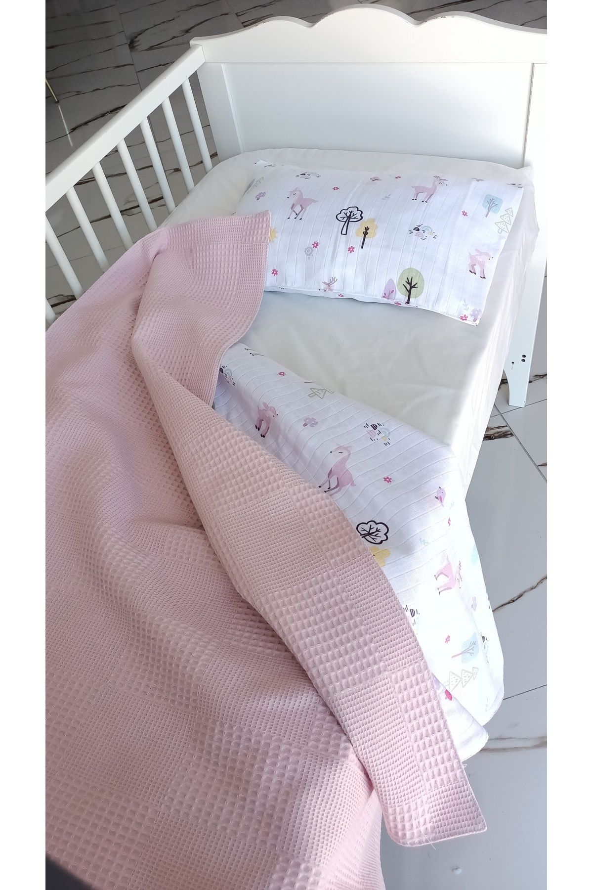 bebek  müslin  pembe  waffle  pike takımı ceylan  desenli-Heybe Home