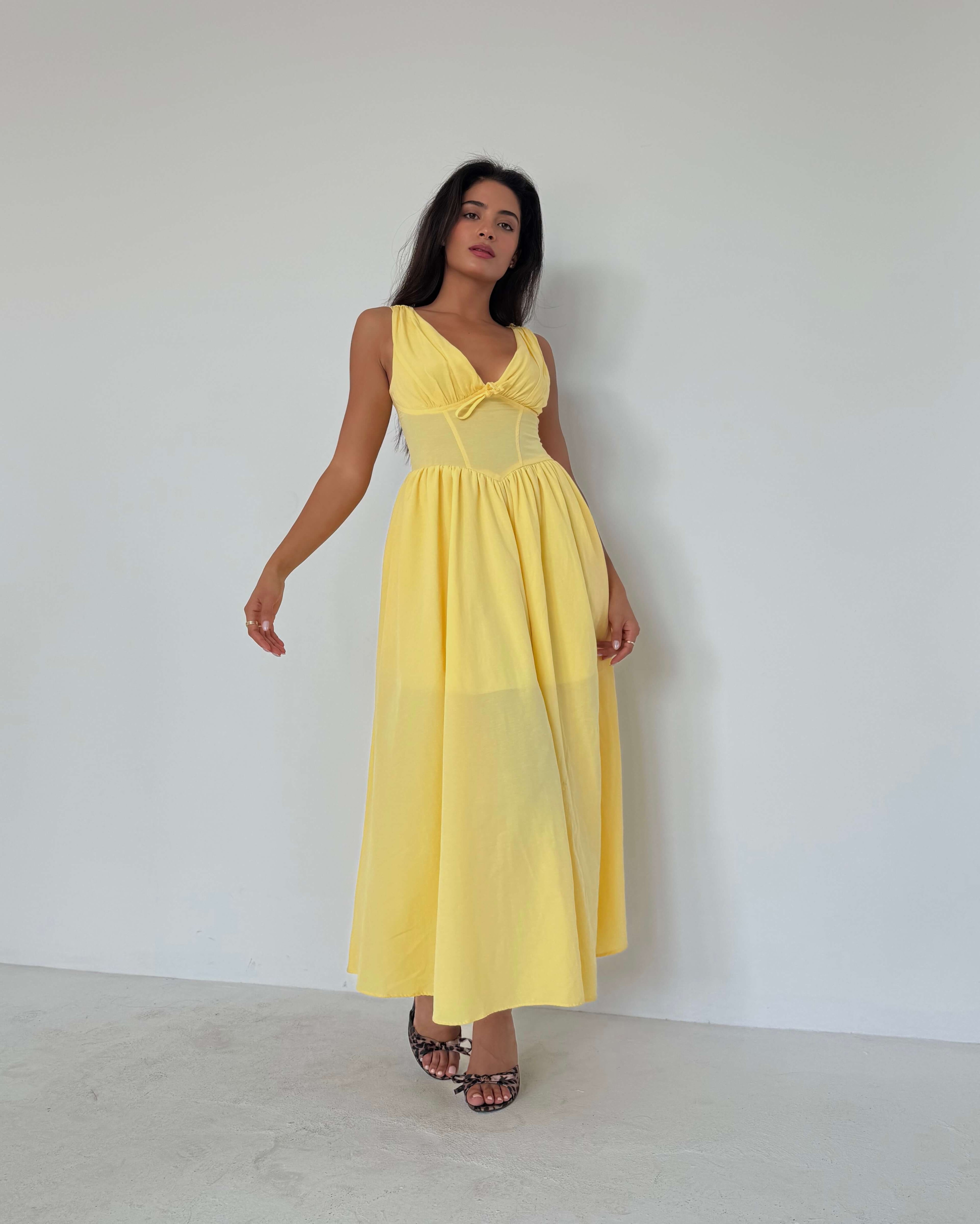 ARELIC YELLOW BALENLİ KALIN ASKILI ELBİSE