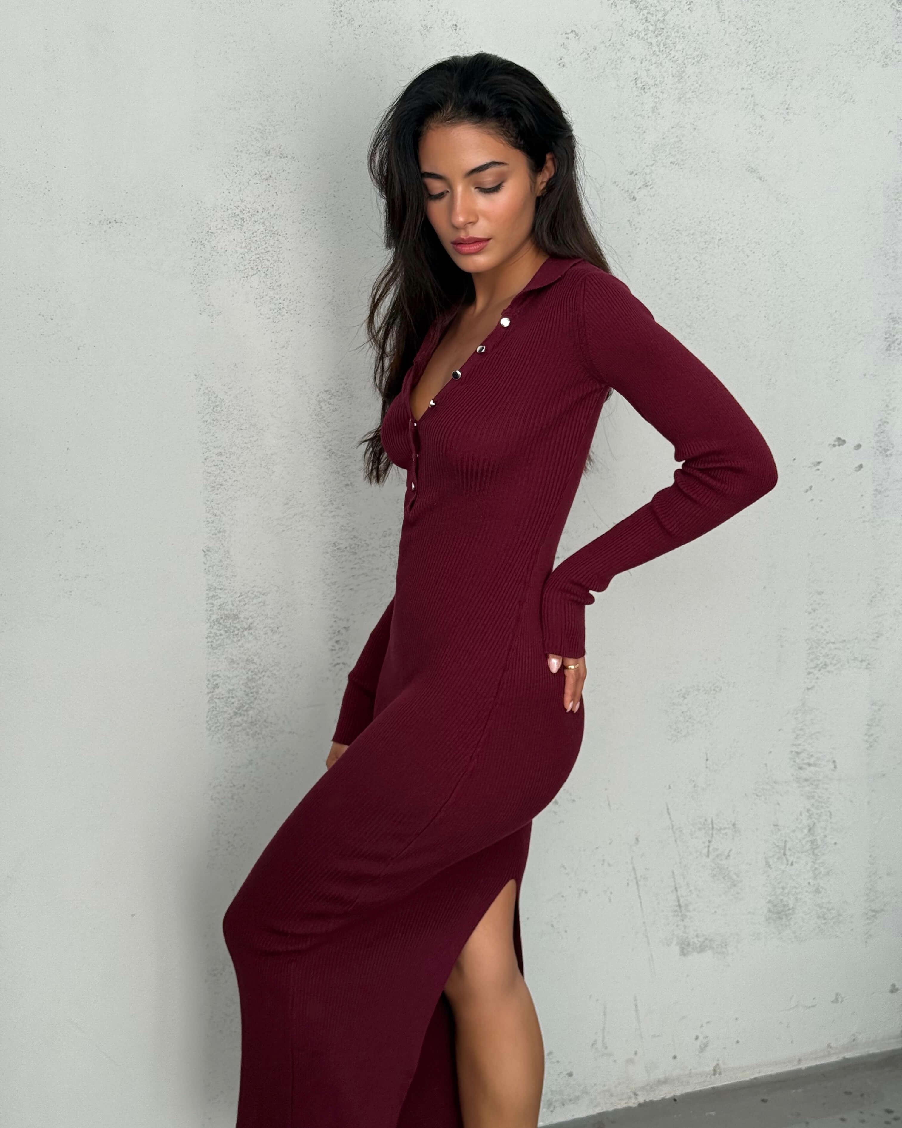 ENGTEI CLARET RED POLO YAKA DÜĞME DETAYLI TRİKO ELBİSE