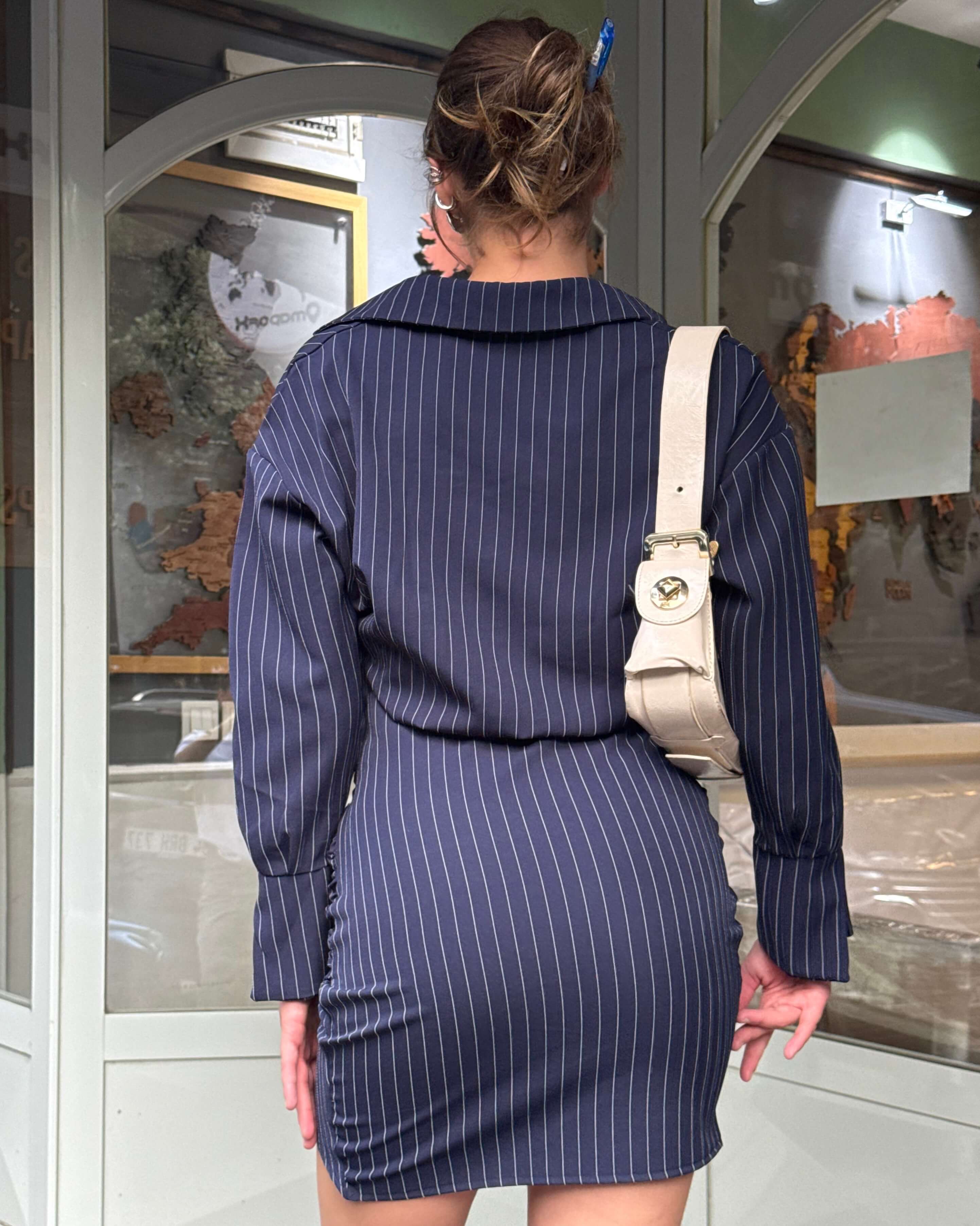 ABBY NAVY BLUE ÇİZGİLİ GÖMLEK ELBİSE 