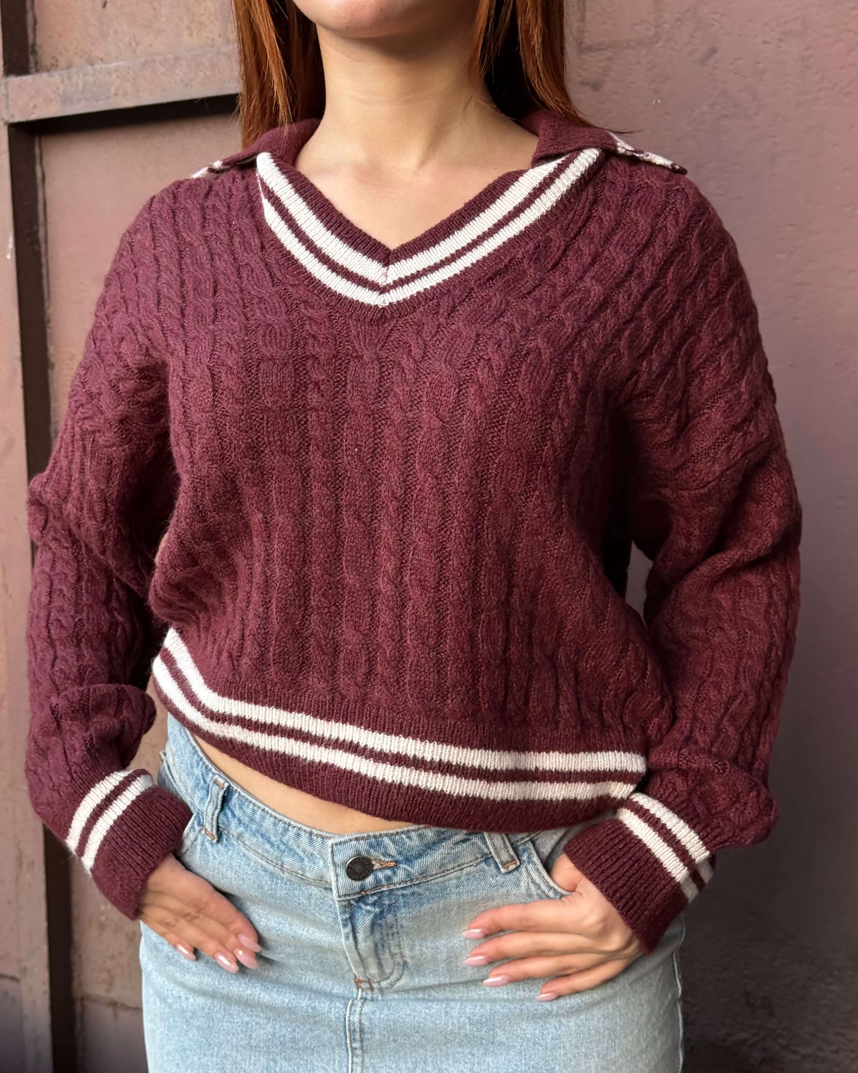 ZOE CLARET RED ÇİZGİ DETAYLI KAZAK 