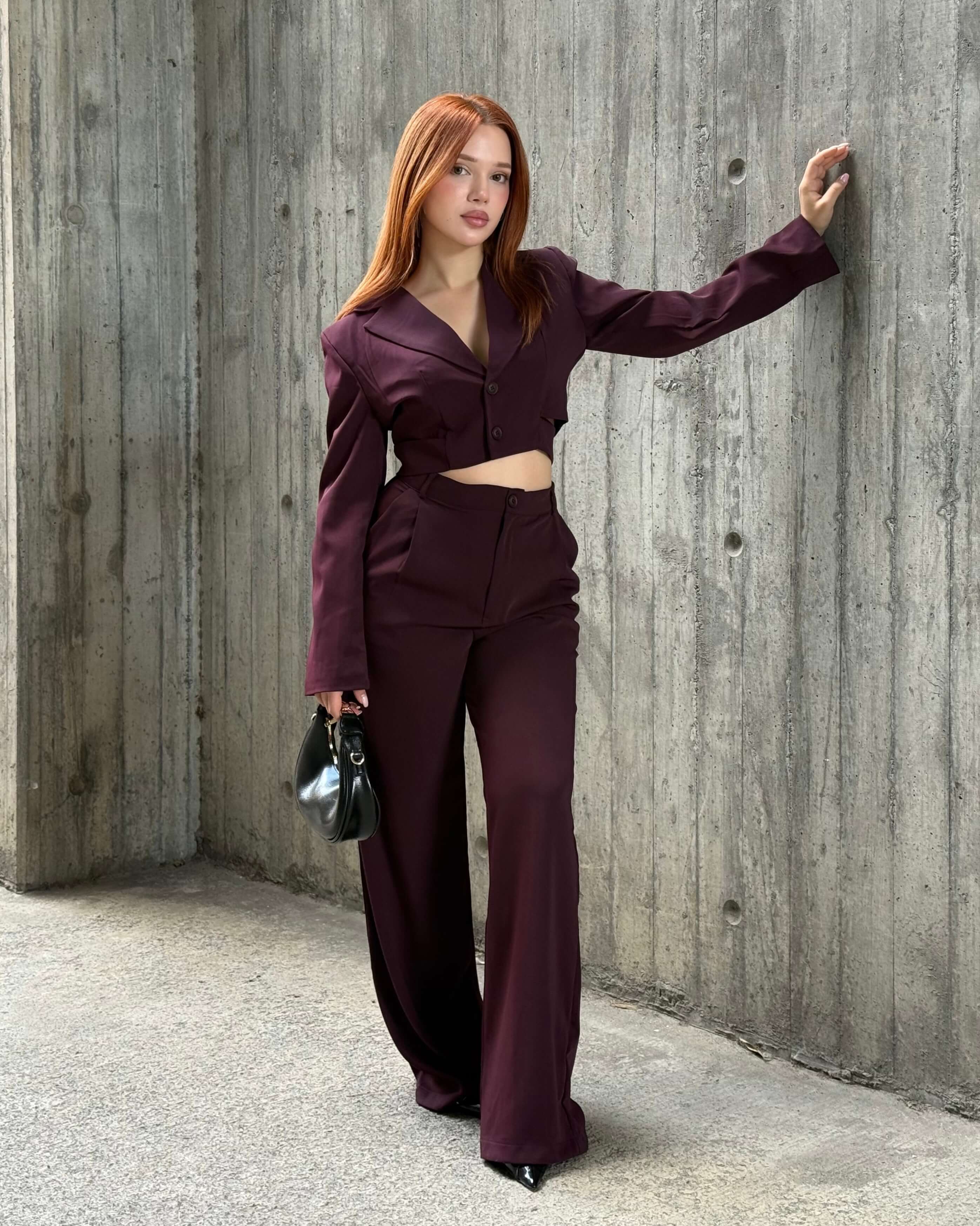 ALİSHA CLARET RED CROP BLAZER PANTOLON TAKIM 