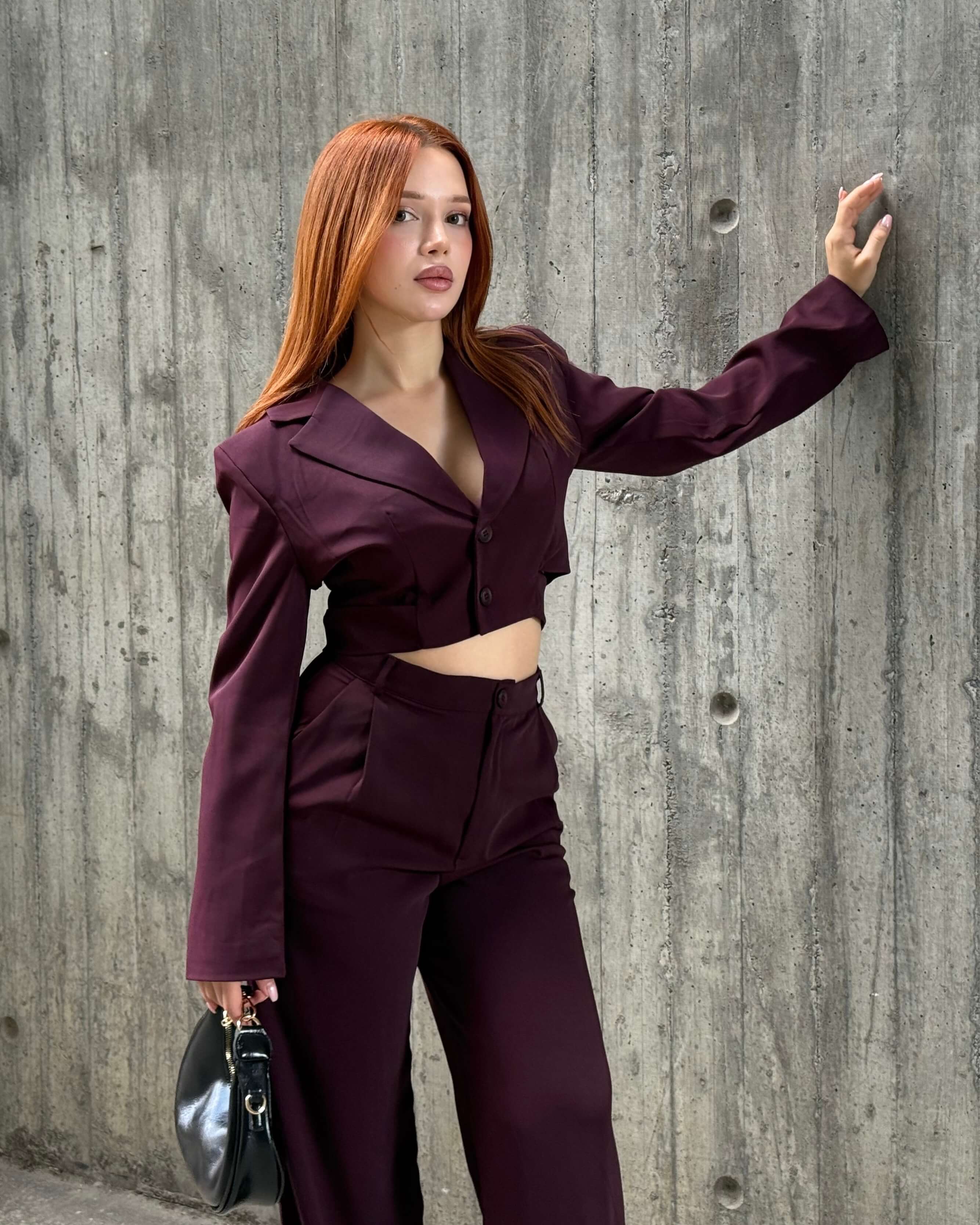 ALİSHA CLARET RED CROP BLAZER PANTOLON TAKIM 