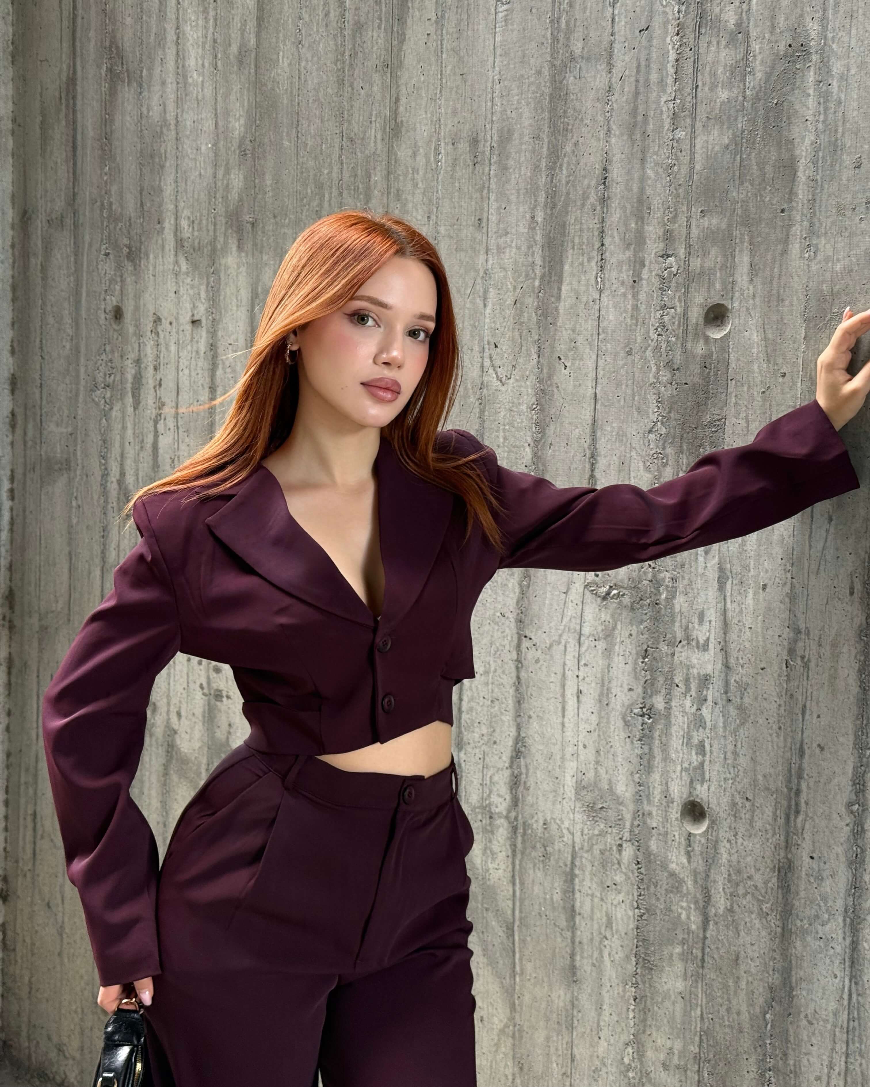 ALİSHA CLARET RED CROP BLAZER PANTOLON TAKIM 