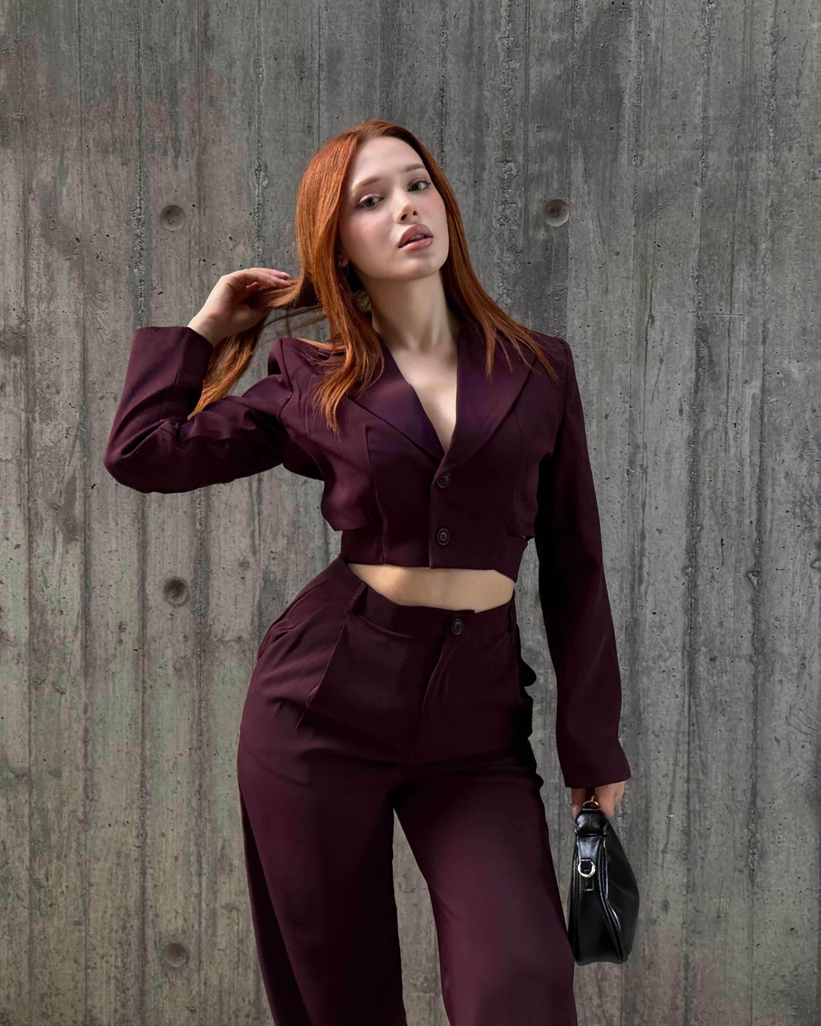 ALİSHA CLARET RED CROP BLAZER PANTOLON TAKIM 