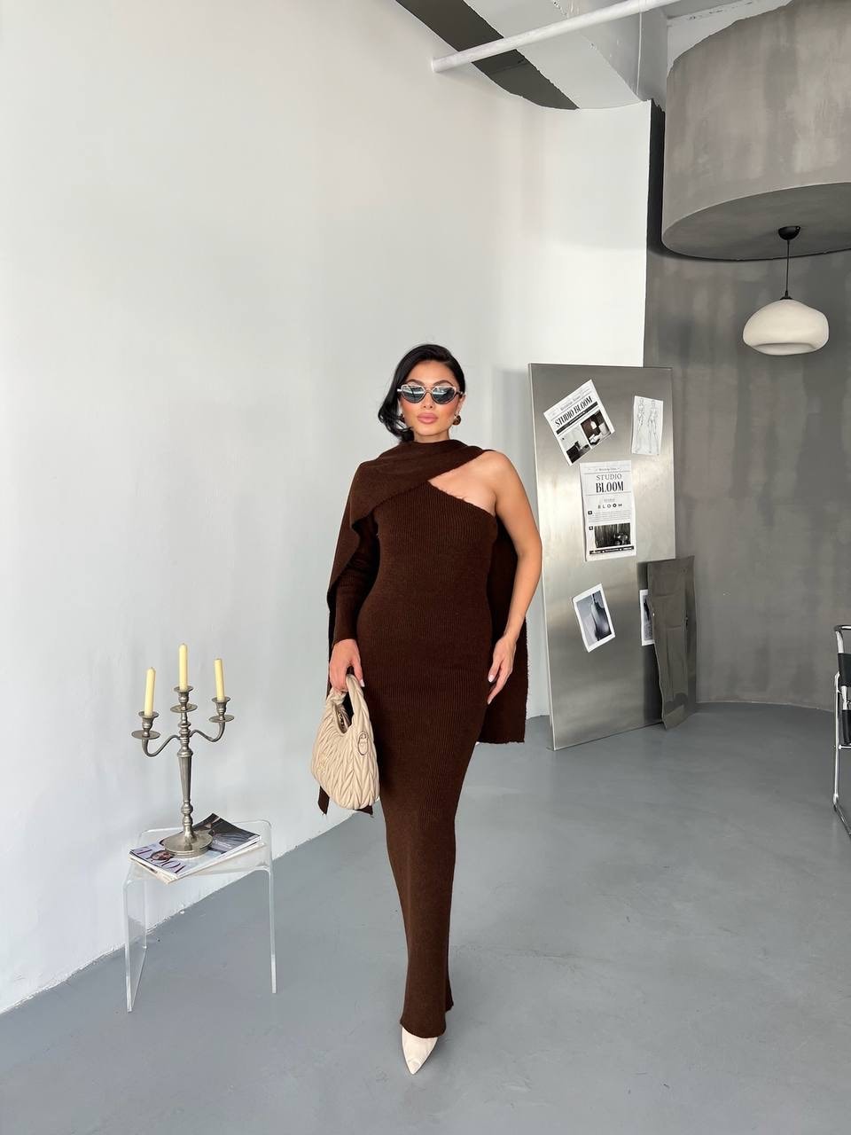 PERSİA BROWN ŞAL DETAYLI UZUN TRİKO ELBİSE 
