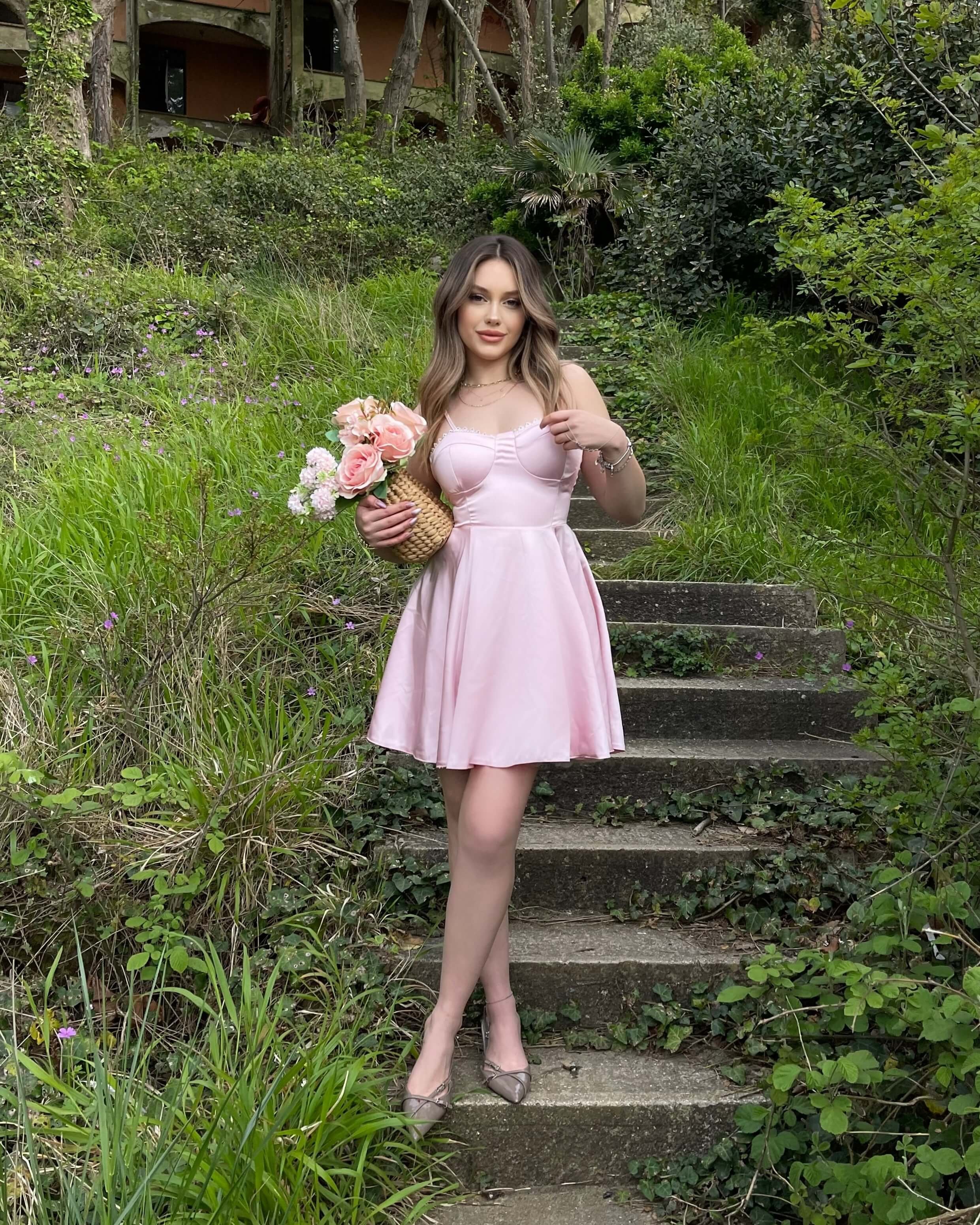 LEMANE PINK SATEN ASKILI MİNİ ELBİSE
