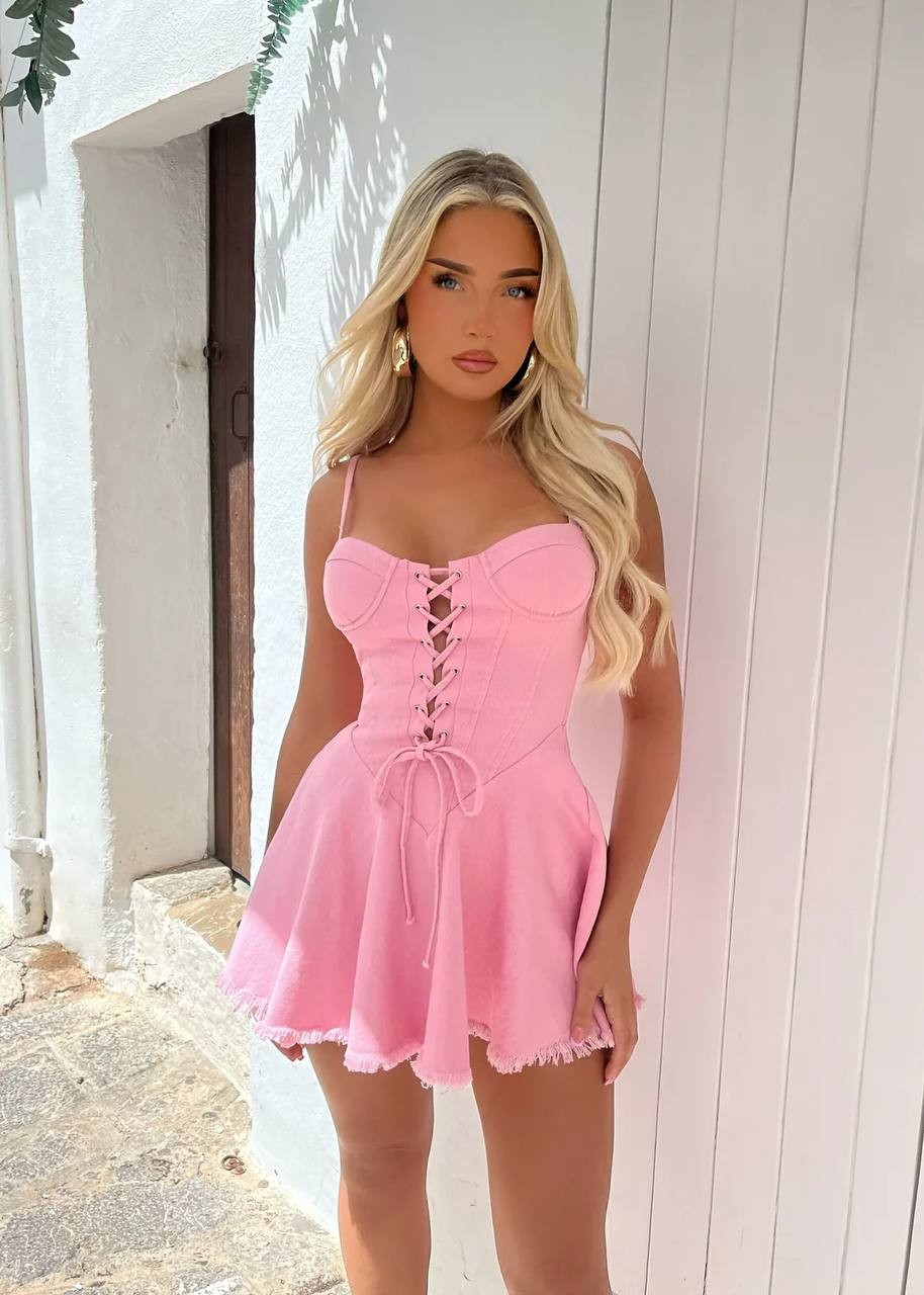 MONDSON PINK ÖNÜ BAĞLAMA DEYAY KOT ELBİSE