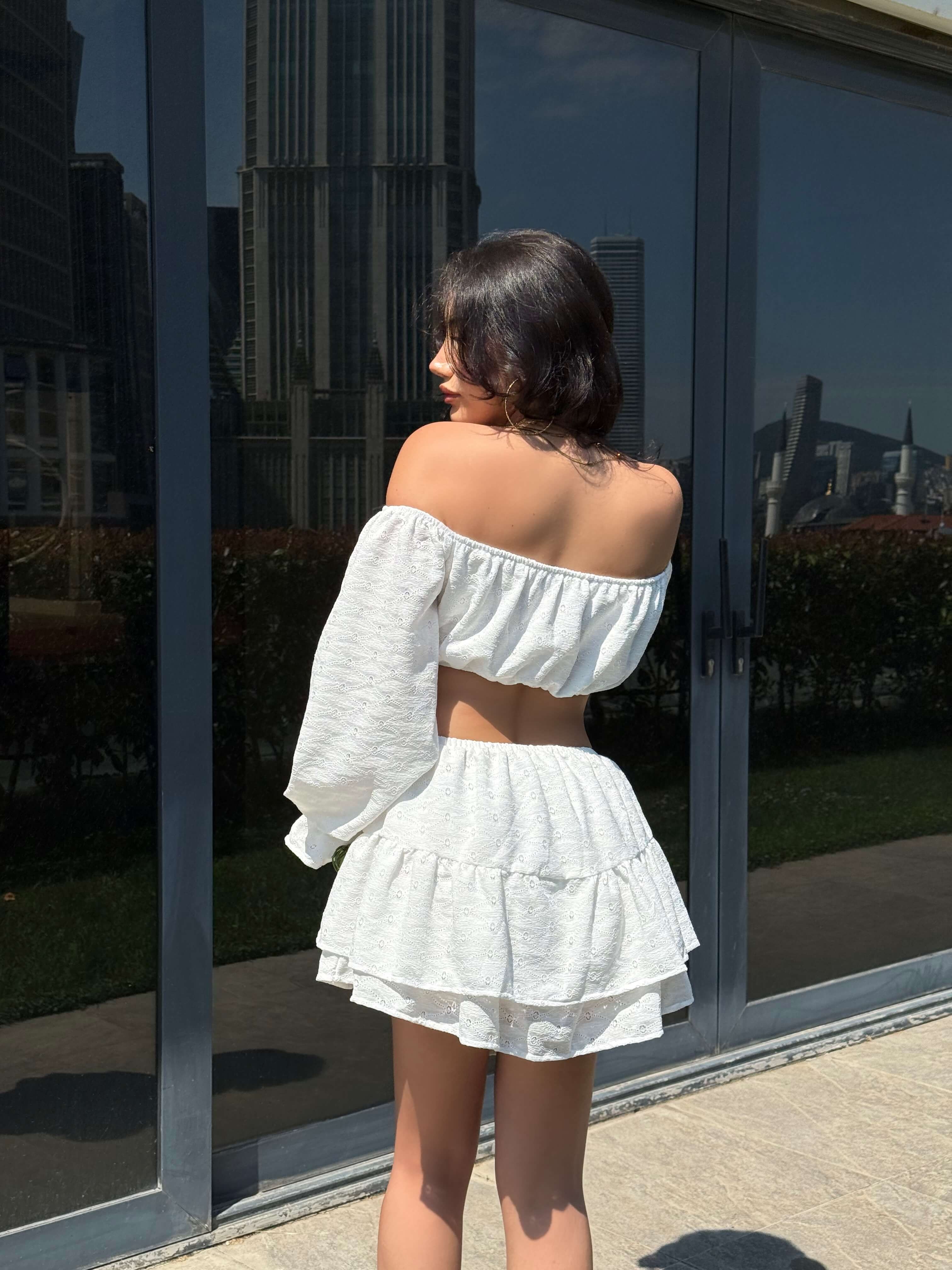 RUFFES WHİTE GÜPÜRLÜ CROP ETEK TAKIM 