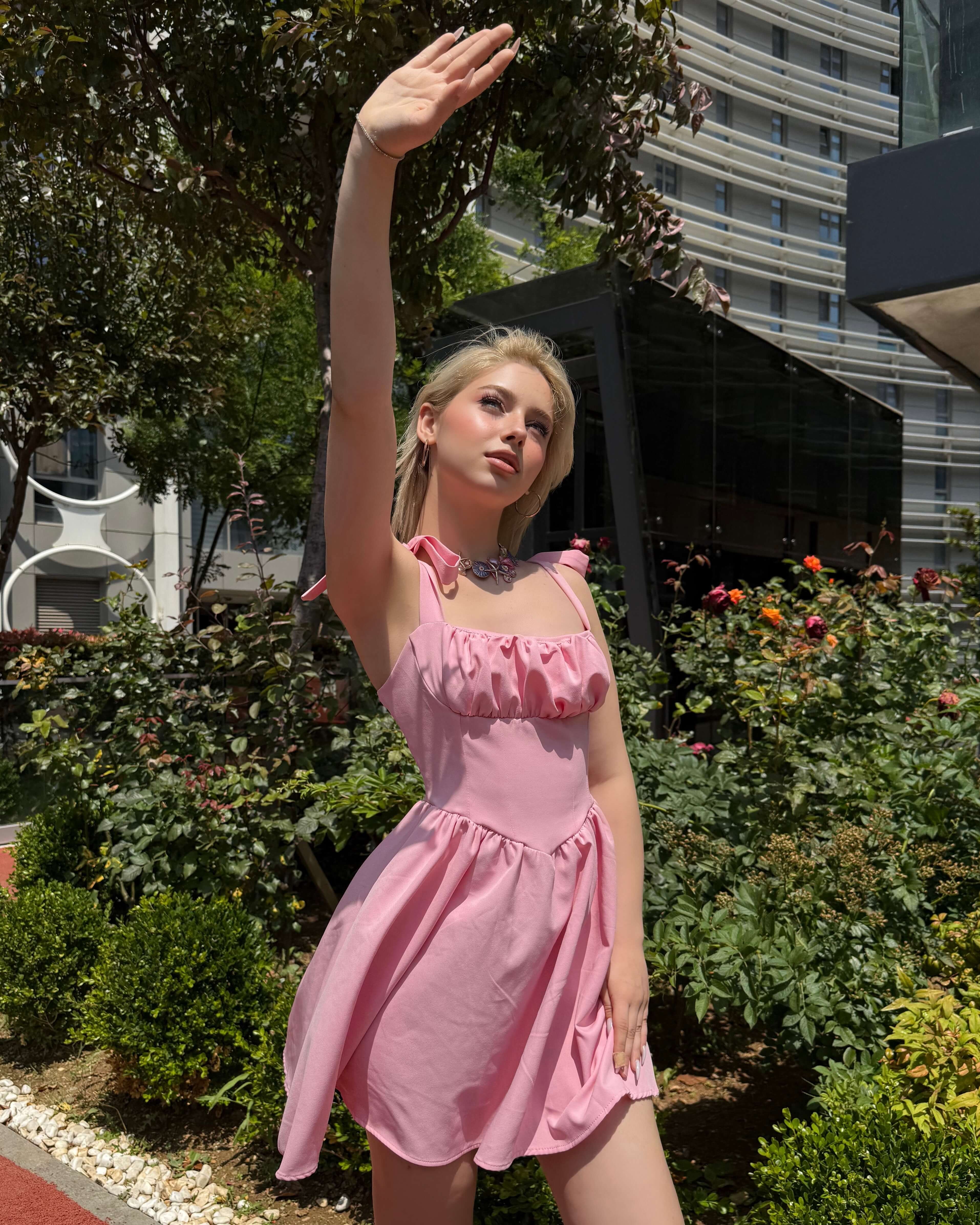 ASCEN PINK GÖĞÜS DRAPE DETAY PİLELİ MİNİ ELBİSE